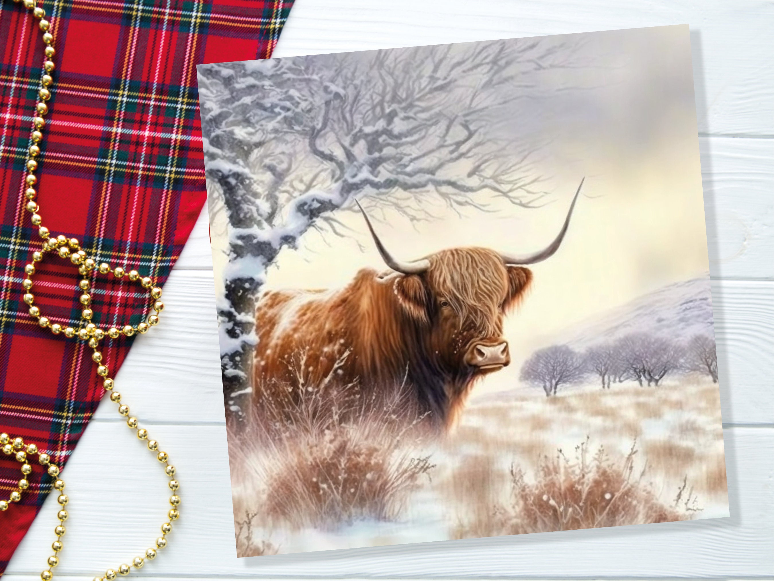 Highland Cow Card Scottish Highlands Watercolour Watery Winter Sky Scene Snowy Landscape Coo Cards For Family Friends Xmas 2024 Thank You