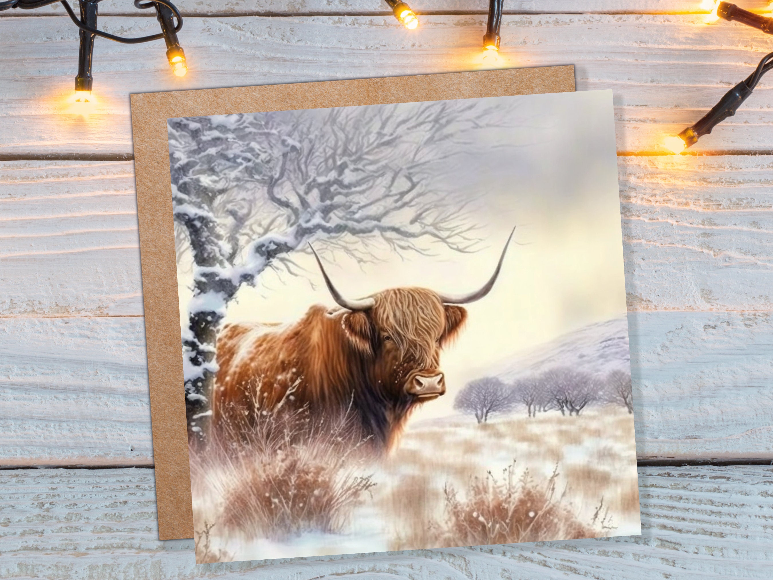 Highland Cow Card Scottish Highlands Watercolour Watery Winter Sky Scene Snowy Landscape Coo Cards For Family Friends Xmas 2024 Thank You - View 2