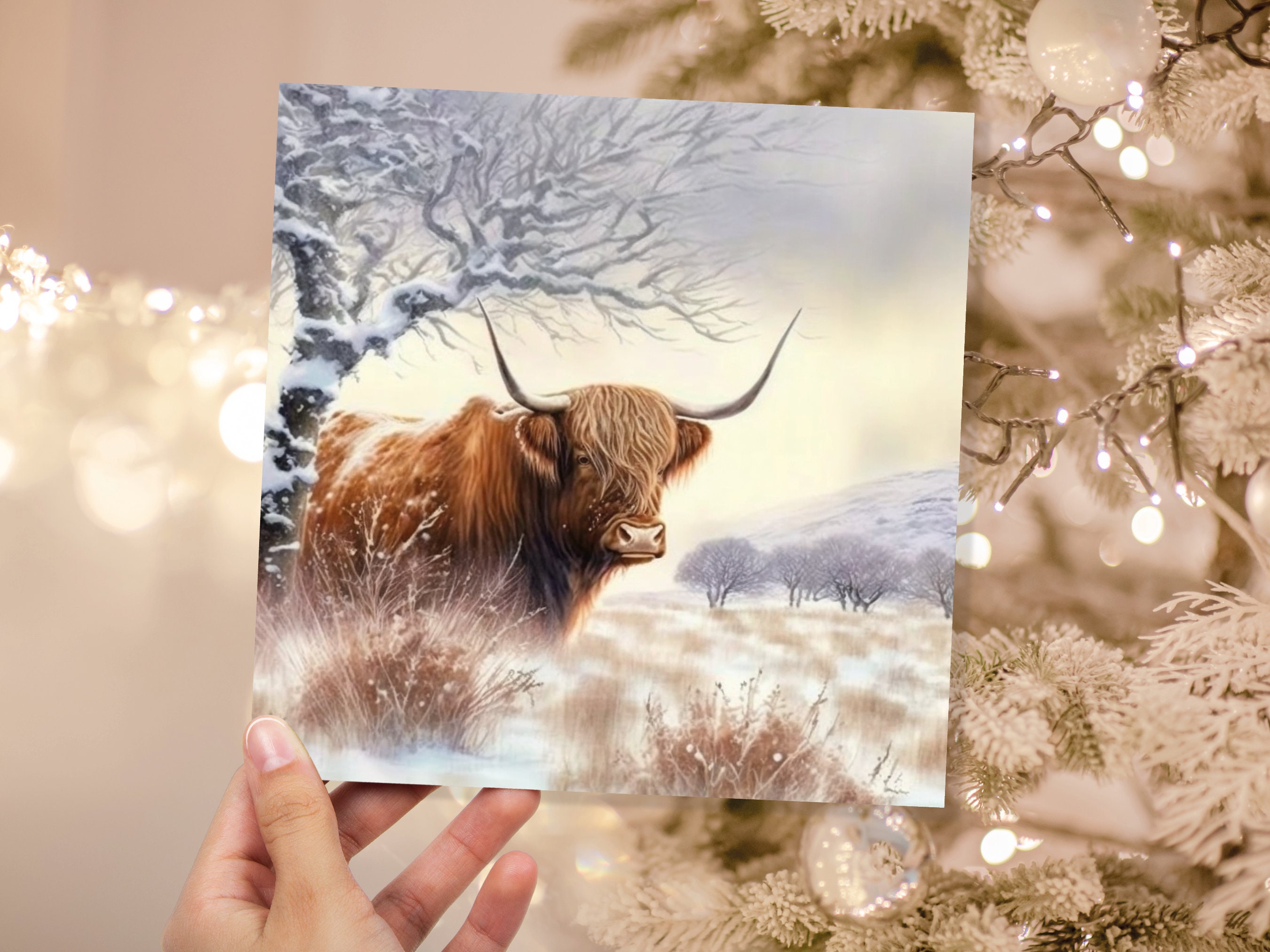 Highland Cow Card Scottish Highlands Watercolour Watery Winter Sky Scene Snowy Landscape Coo Cards For Family Friends Xmas 2024 Thank You - View 3