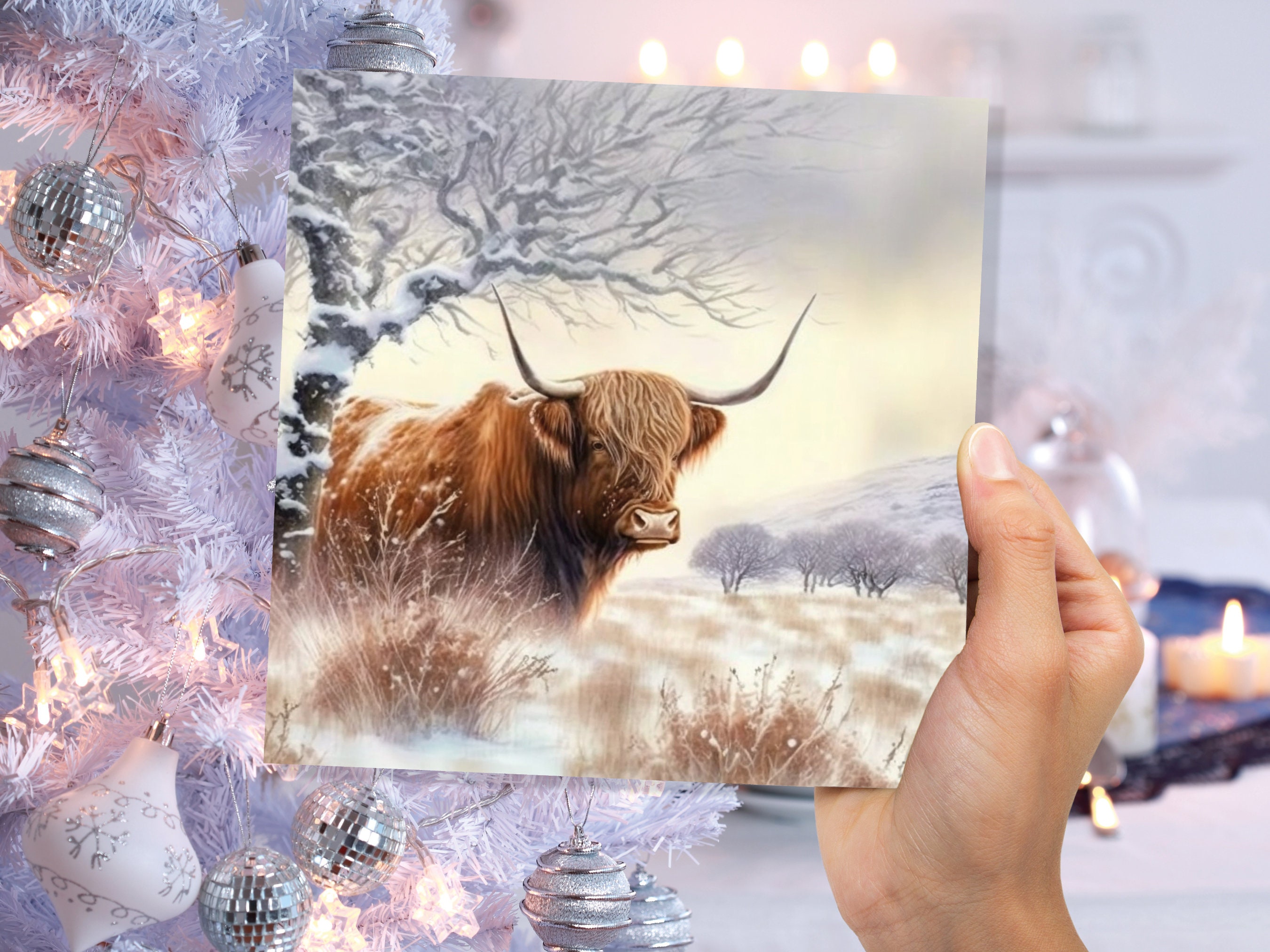 Highland Cow Card Scottish Highlands Watercolour Watery Winter Sky Scene Snowy Landscape Coo Cards For Family Friends Xmas 2024 Thank You - View 4