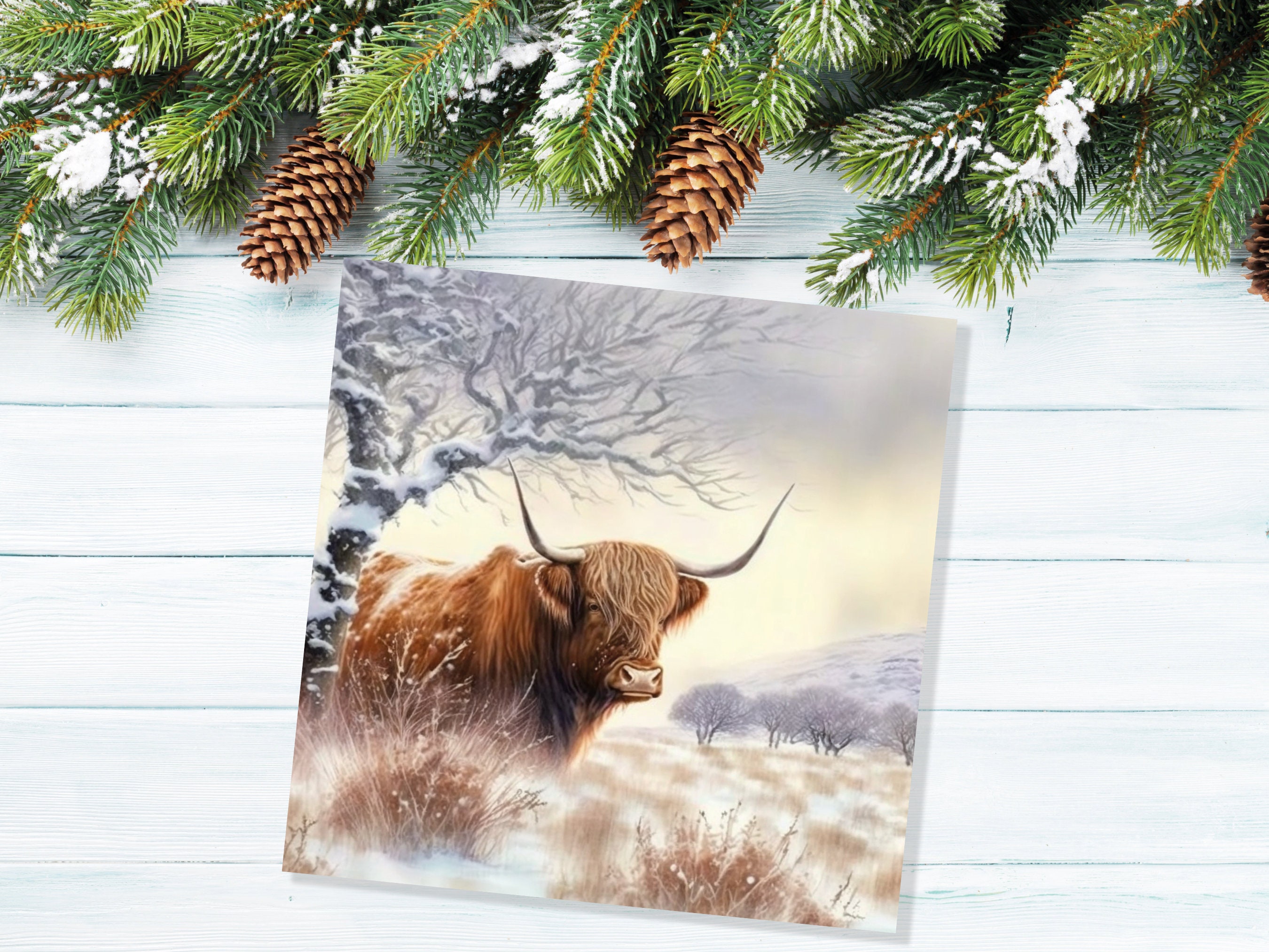 Highland Cow Card Scottish Highlands Watercolour Watery Winter Sky Scene Snowy Landscape Coo Cards For Family Friends Xmas 2024 Thank You - View 5