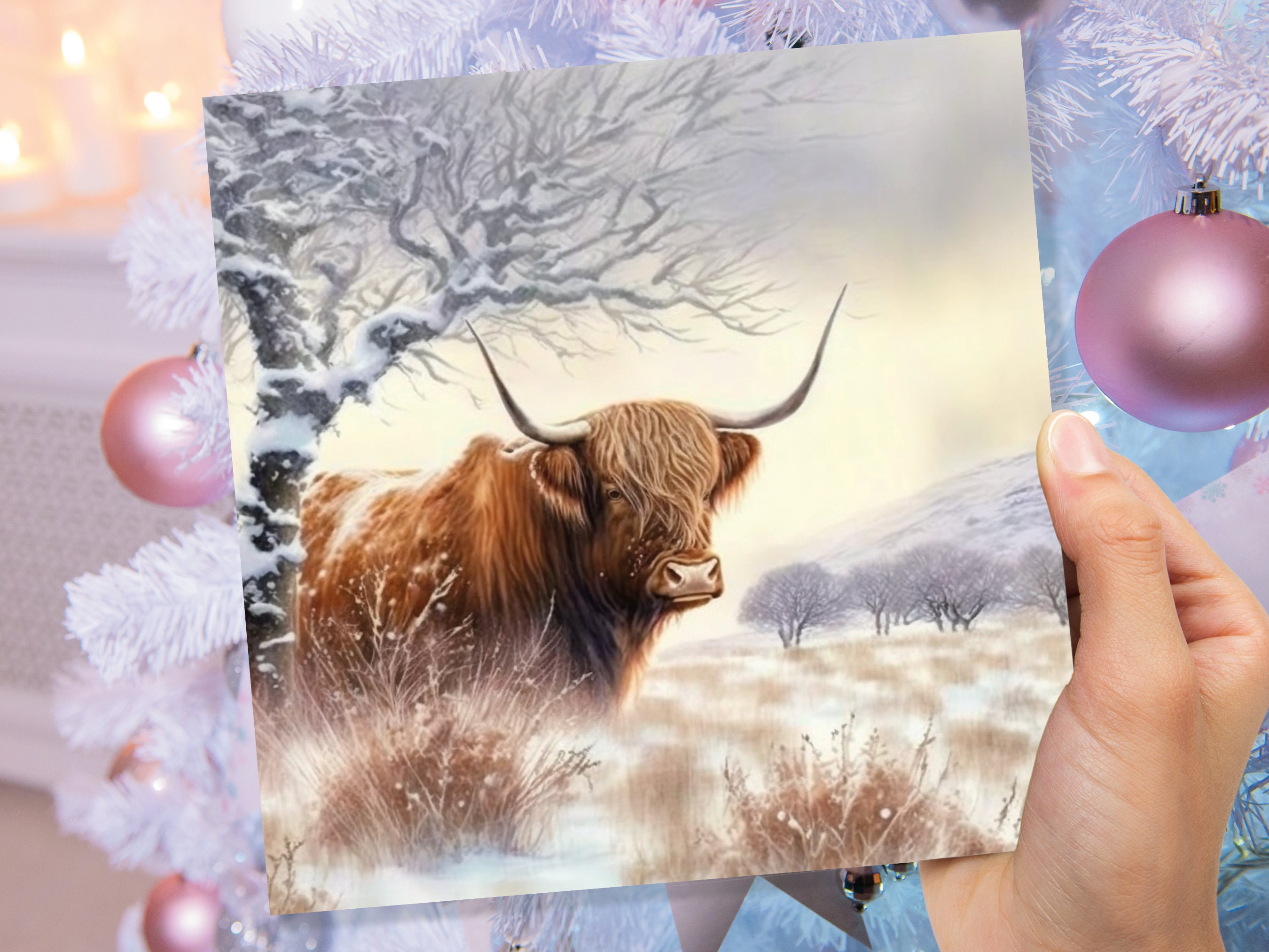 Highland Cow Card Scottish Highlands Watercolour Watery Winter Sky Scene Snowy Landscape Coo Cards For Family Friends Xmas 2024 Thank You - View 7