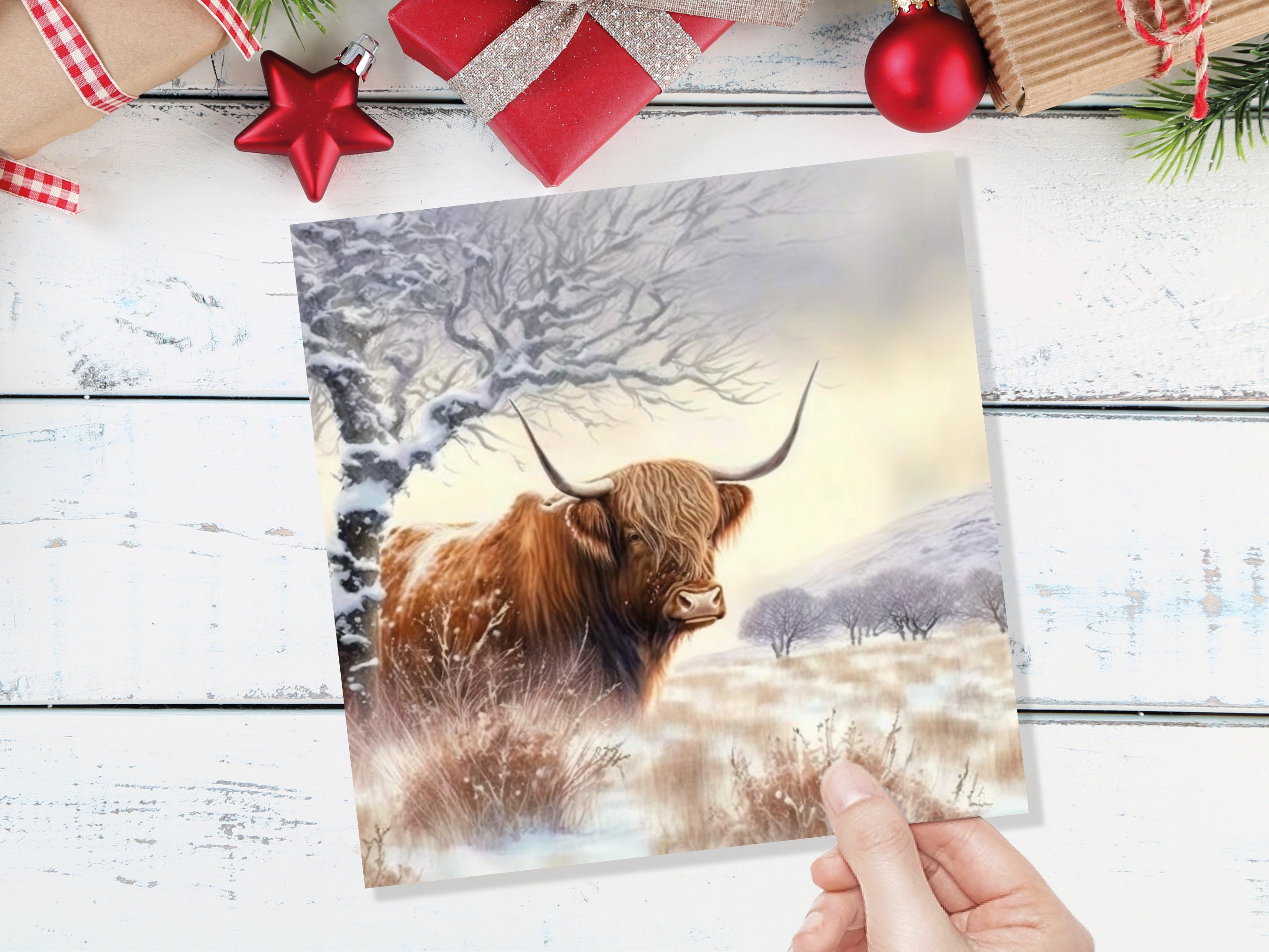 Highland Cow Card Scottish Highlands Watercolour Watery Winter Sky Scene Snowy Landscape Coo Cards For Family Friends Xmas 2024 Thank You - View 8