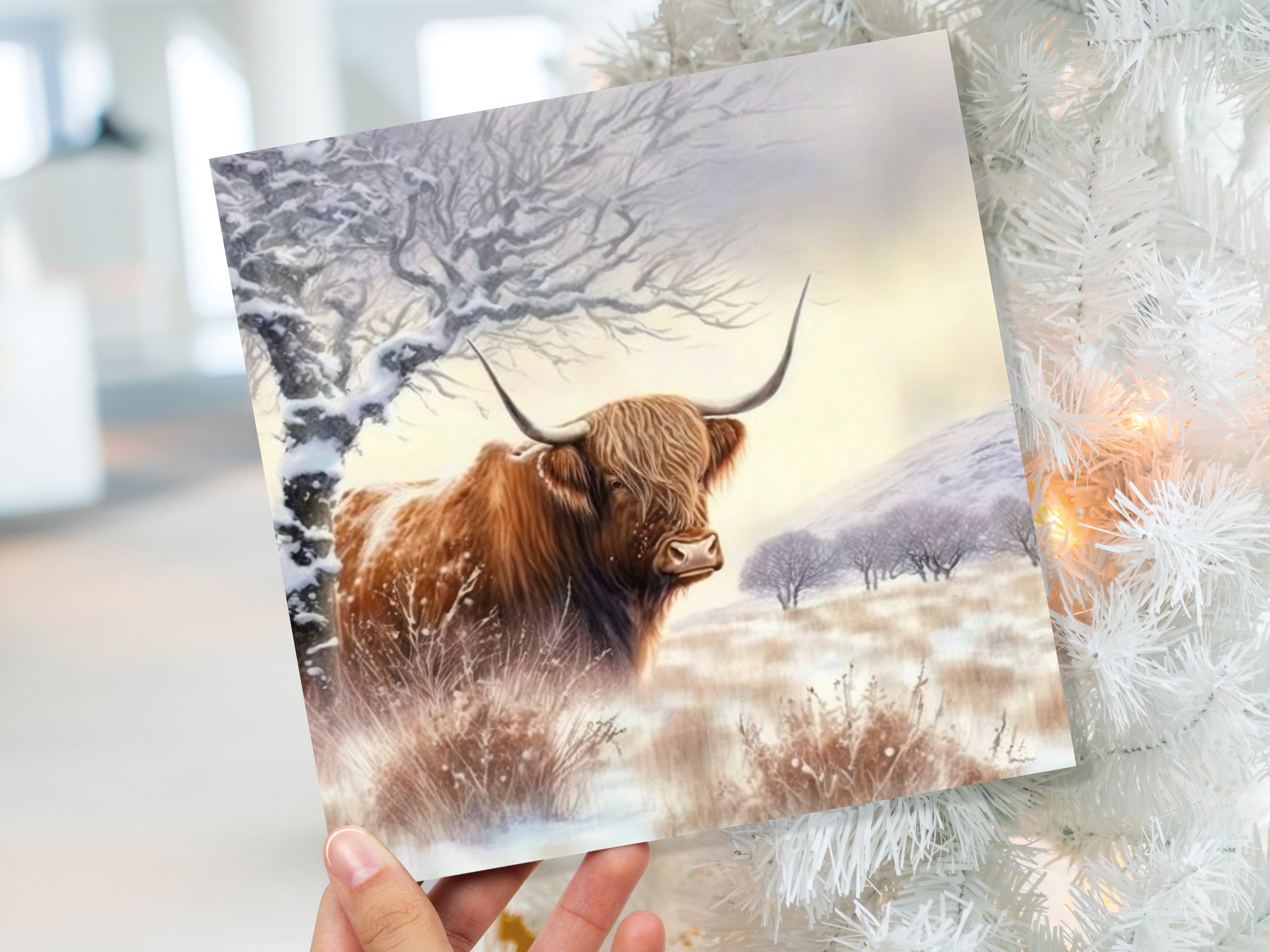 Highland Cow Card Scottish Highlands Watercolour Watery Winter Sky Scene Snowy Landscape Coo Cards For Family Friends Xmas 2024 Thank You - View 9