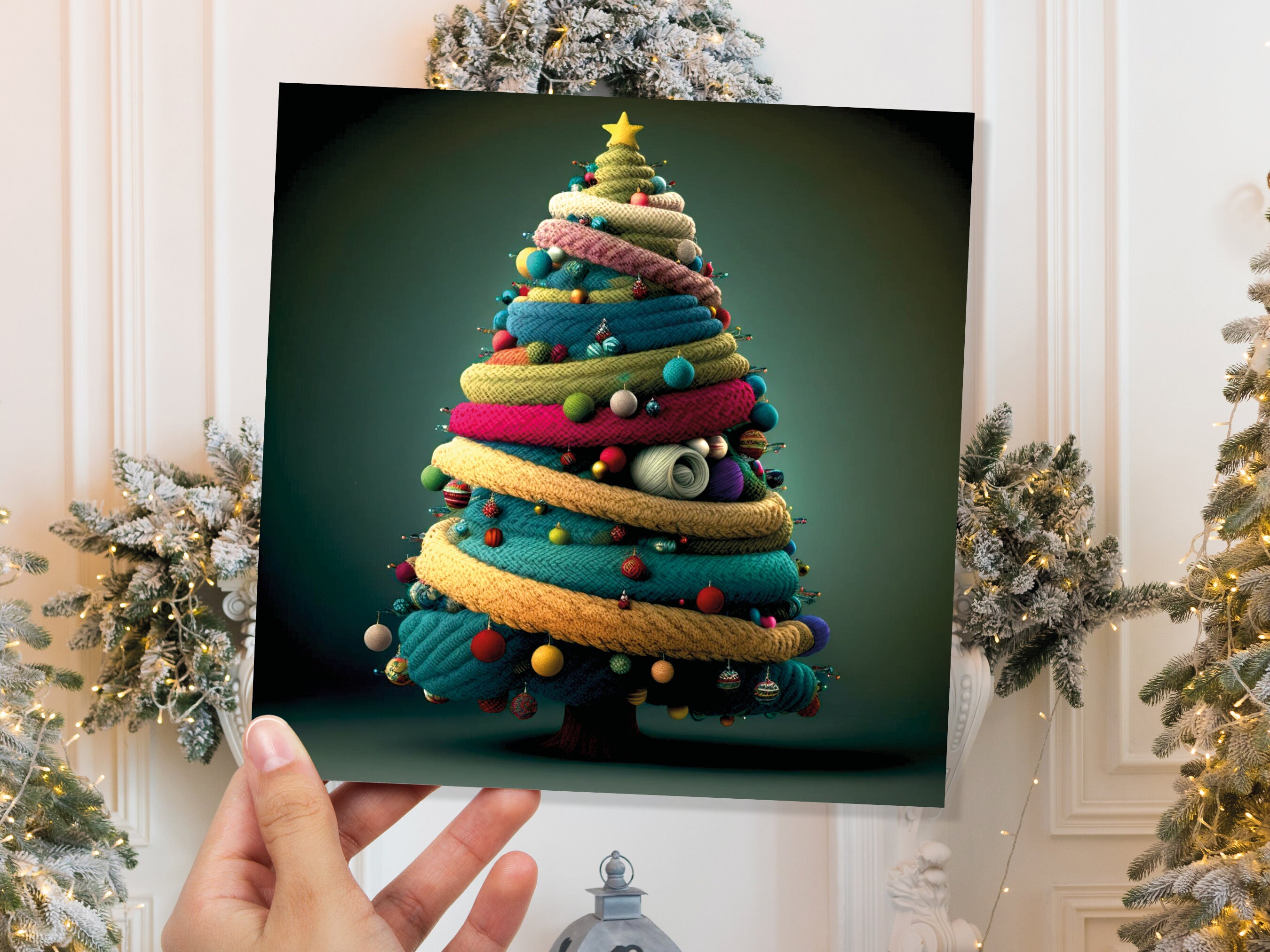 Woollen Christmas Tree Card Knitted Knitting Crochet Yarn Wool Crafters Crafting Knitted Bobbles Felt Fun Xmas Cards For Family Friends 2024 - View 2