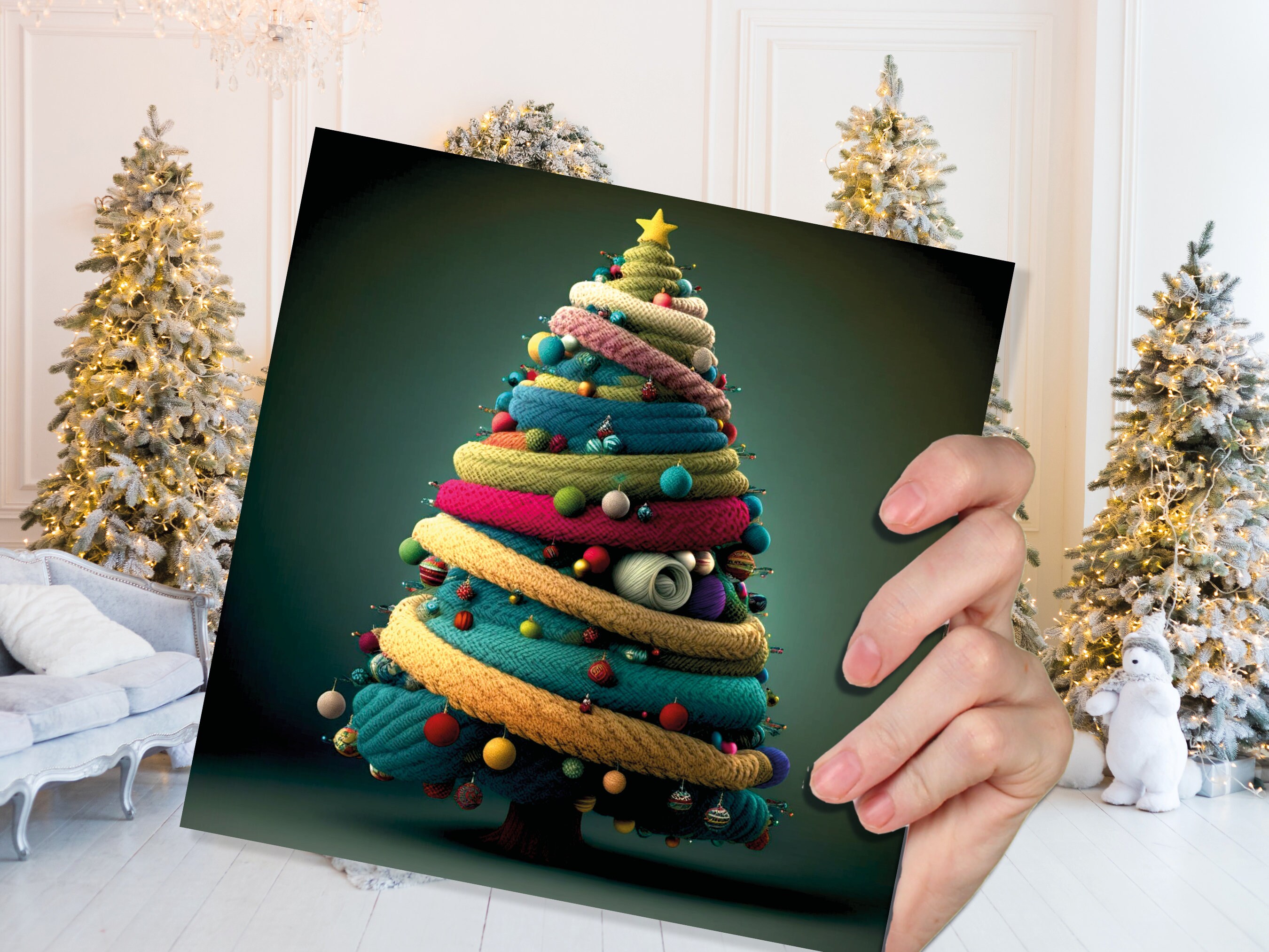 Woollen Christmas Tree Card Knitted Knitting Crochet Yarn Wool Crafters Crafting Knitted Bobbles Felt Fun Xmas Cards For Family Friends 2024 - View 4