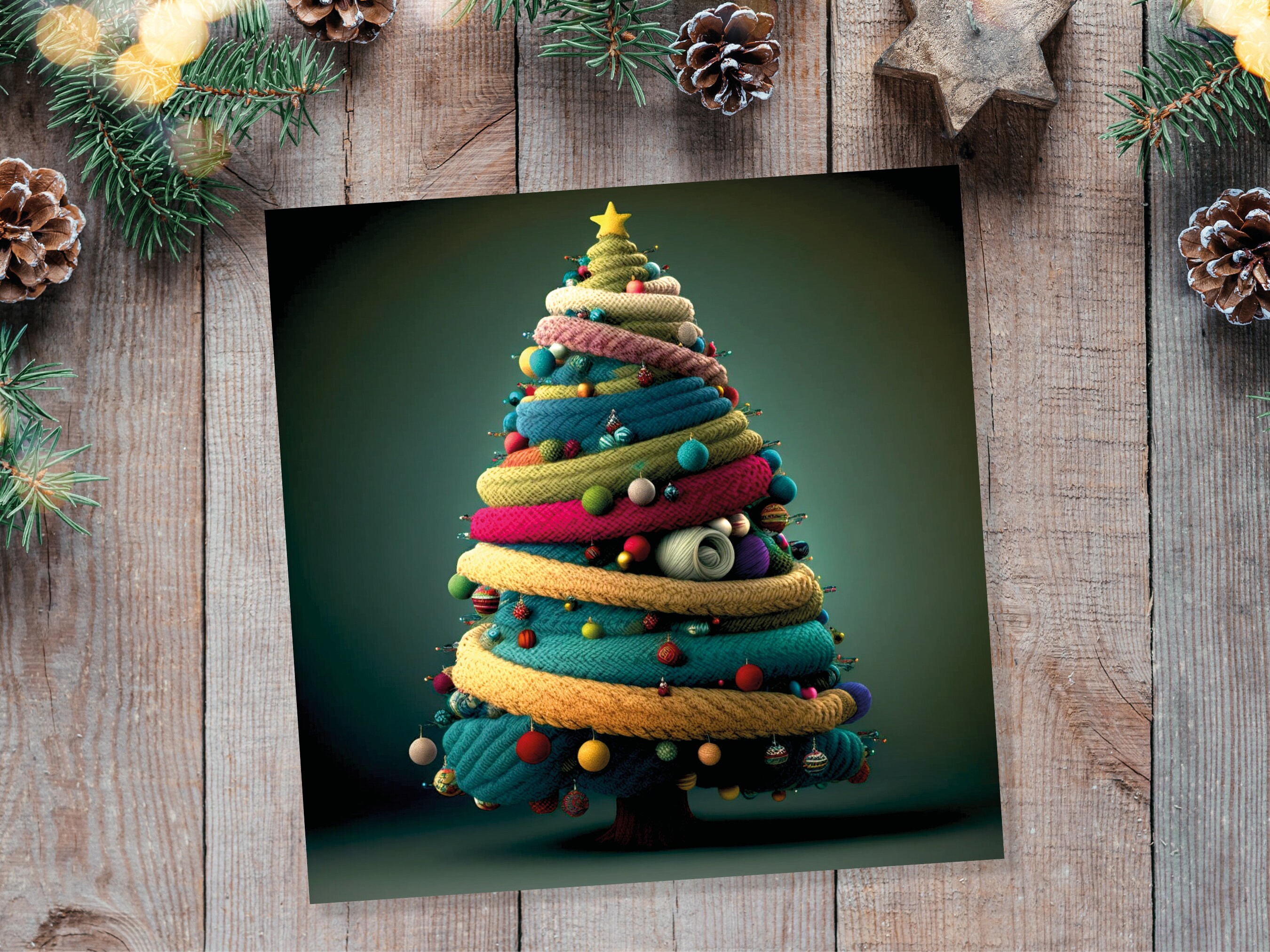 Woollen Christmas Tree Card Knitted Knitting Crochet Yarn Wool Crafters Crafting Knitted Bobbles Felt Fun Xmas Cards For Family Friends 2024 - View 6