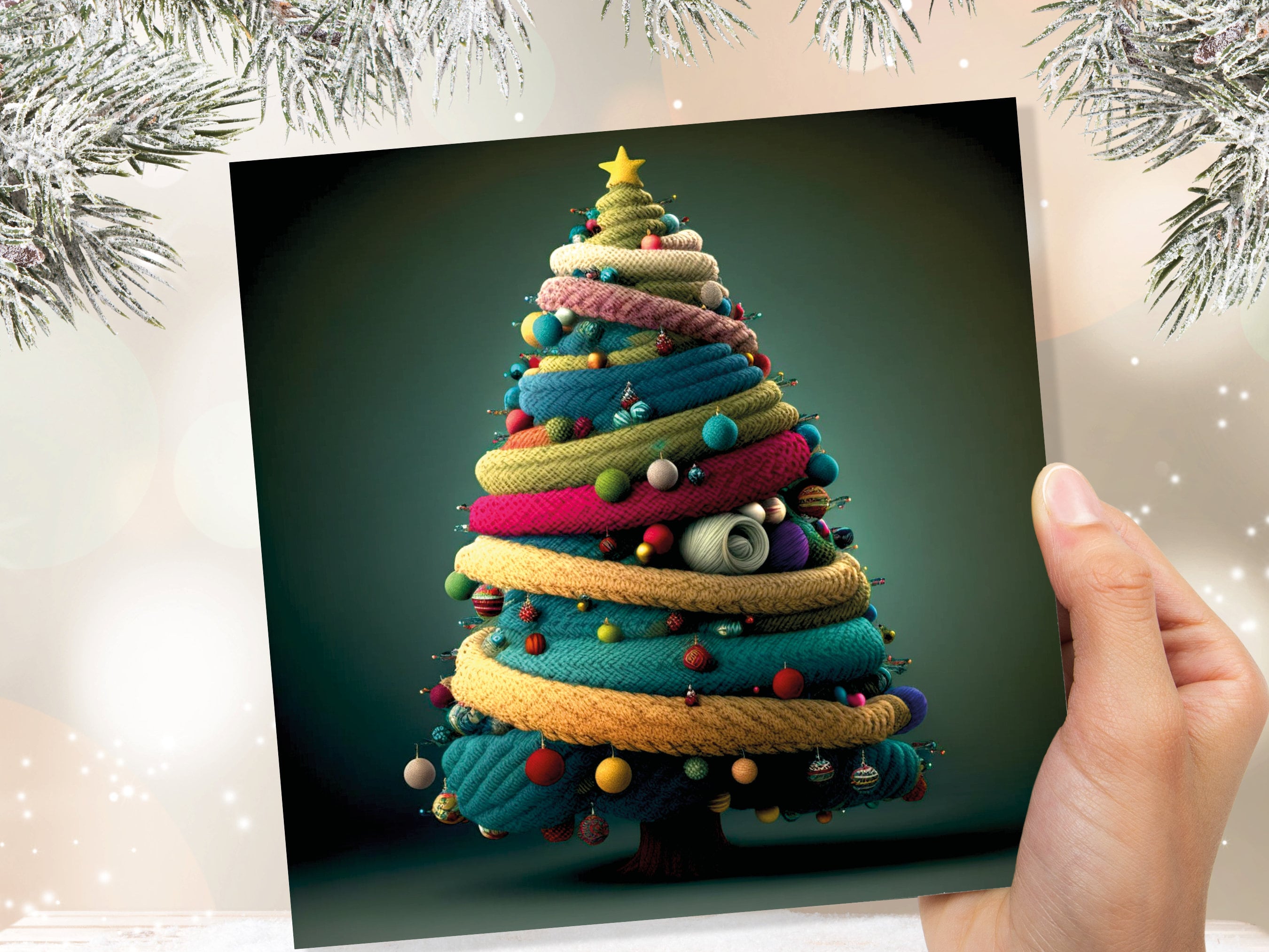 Woollen Christmas Tree Card Knitted Knitting Crochet Yarn Wool Crafters Crafting Knitted Bobbles Felt Fun Xmas Cards For Family Friends 2024 - View 7