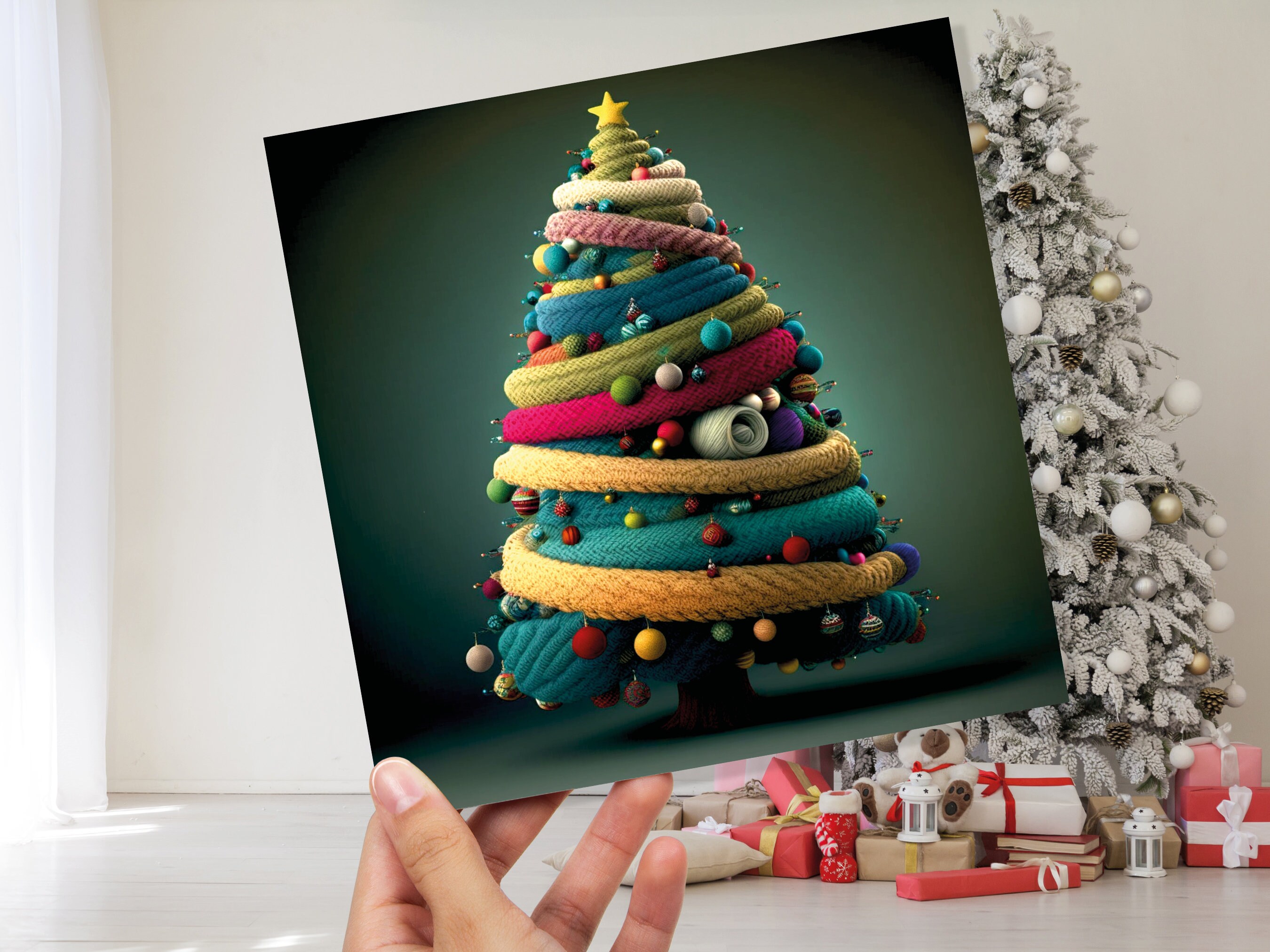 Woollen Christmas Tree Card Knitted Knitting Crochet Yarn Wool Crafters Crafting Knitted Bobbles Felt Fun Xmas Cards For Family Friends 2024 - View 9