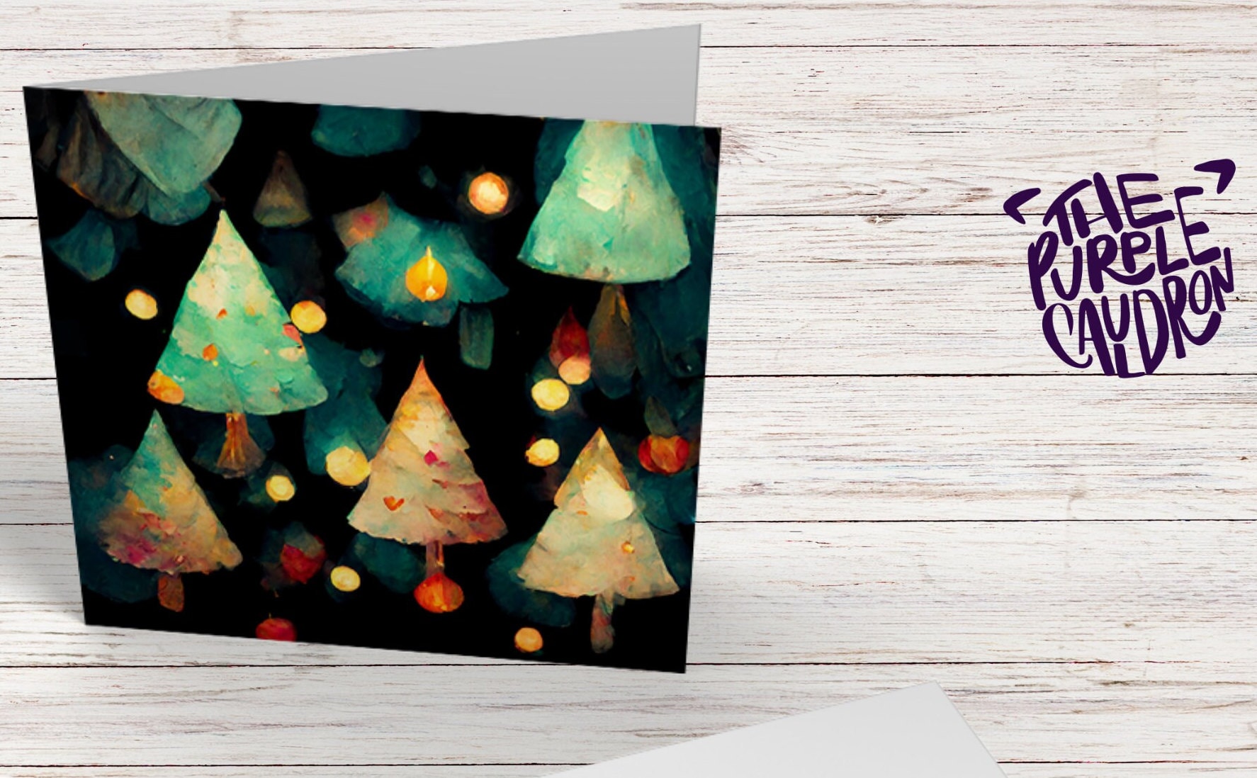 Abstract Christmas Card with Trees and Fairy Lights Magical Pattern Pretty Unique Whimsical Dark Green Greetings Family Friends Xmas 2024 - View 2