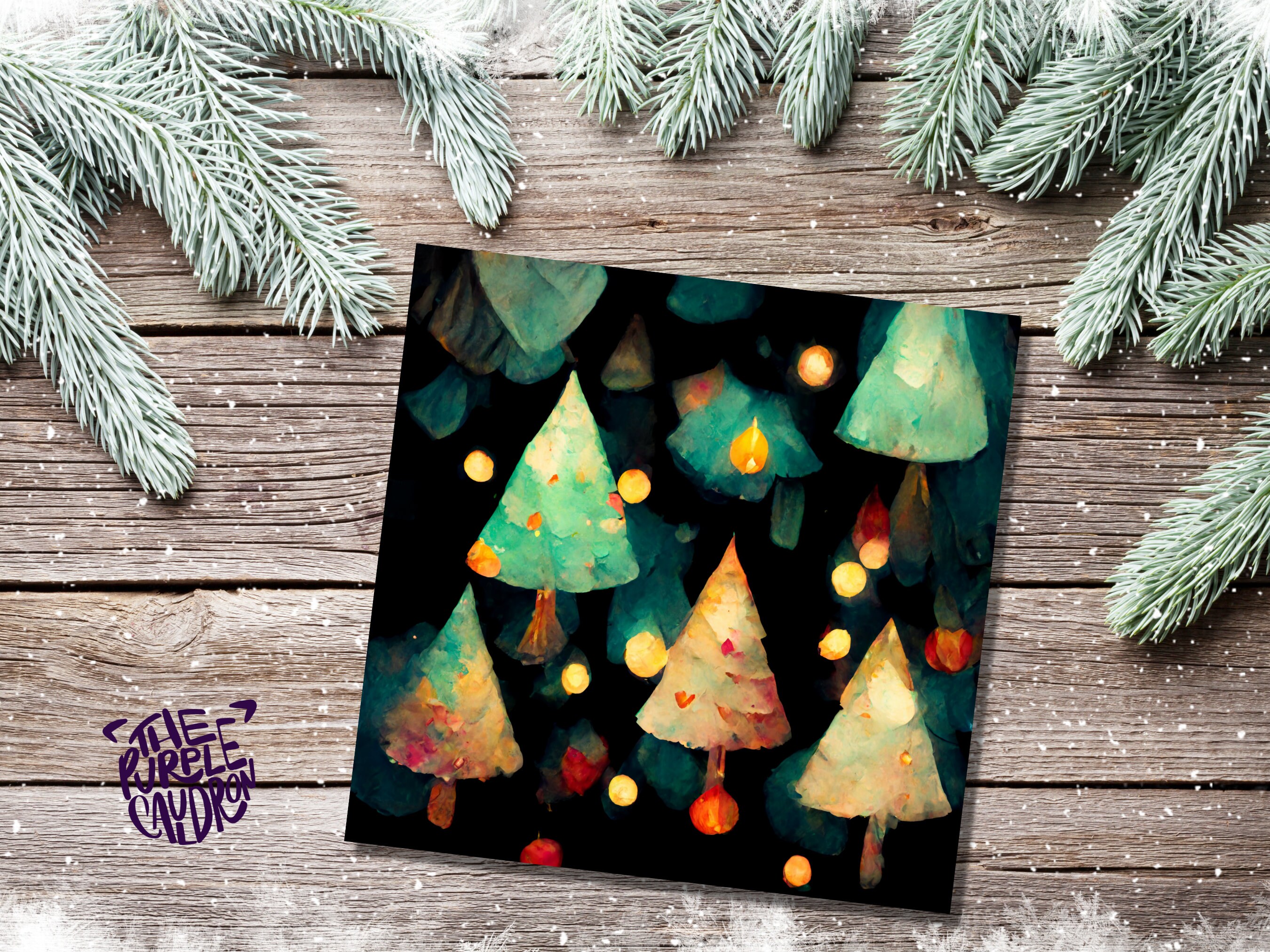 Abstract Christmas Card with Trees and Fairy Lights Magical Pattern Pretty Unique Whimsical Dark Green Greetings Family Friends Xmas 2024 - View 6