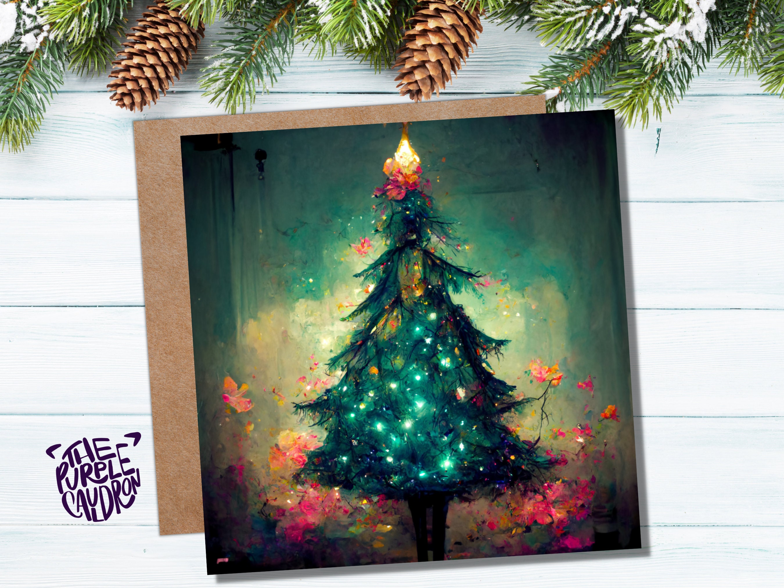 Pretty Christmas Card with Magical Tree and Fairy Lights Painting Unique Whimsical Teal Green Pink Greetings For Family Friends Xmas 2024