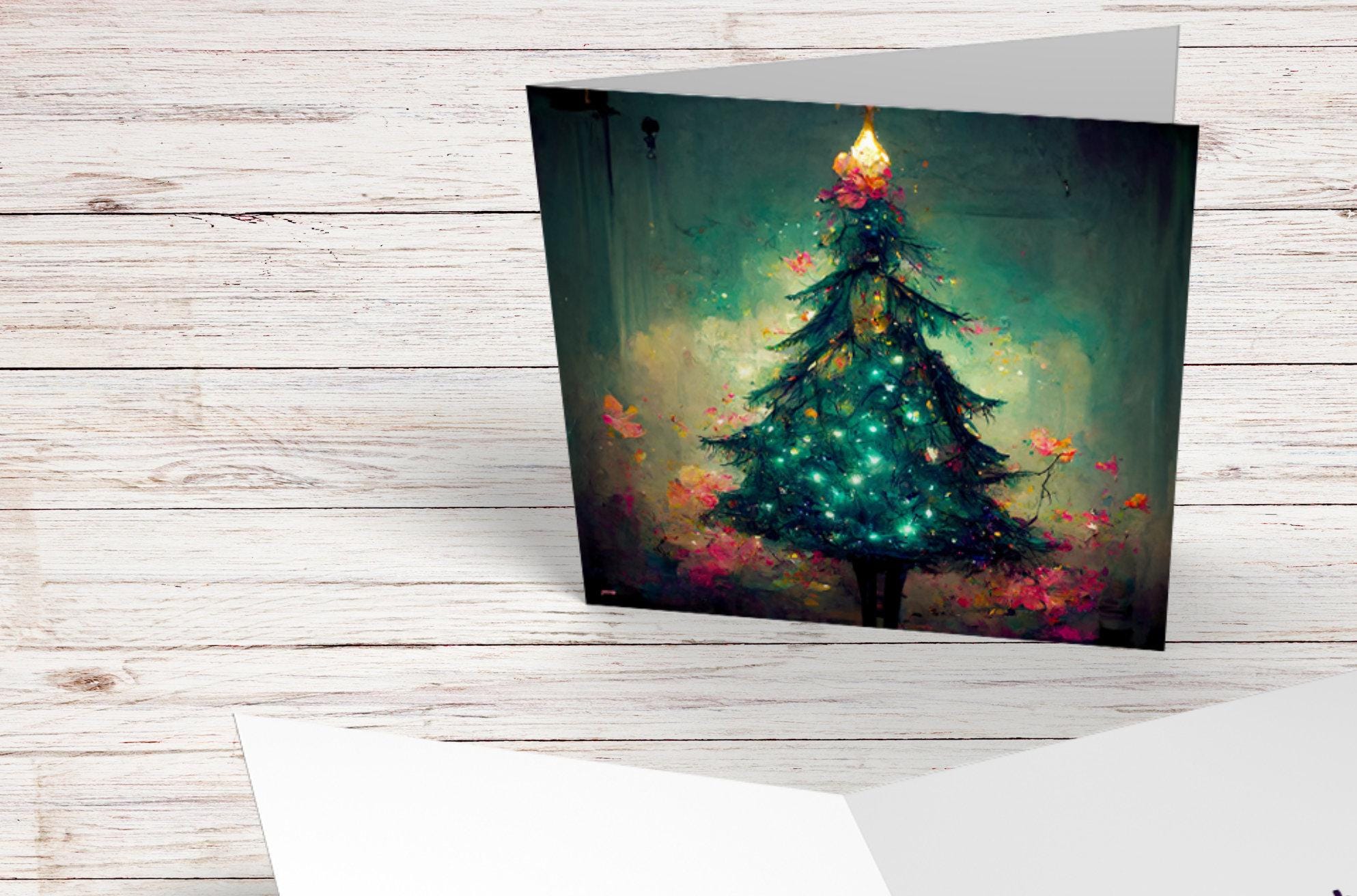 Pretty Christmas Card with Magical Tree and Fairy Lights Painting Unique Whimsical Teal Green Pink Greetings For Family Friends Xmas 2024 - View 4