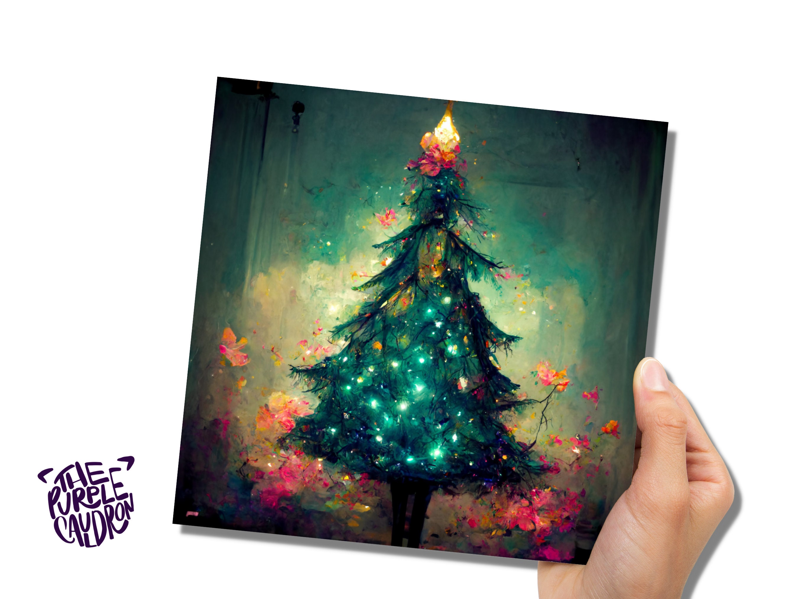 Pretty Christmas Card with Magical Tree and Fairy Lights Painting Unique Whimsical Teal Green Pink Greetings For Family Friends Xmas 2024 - View 5