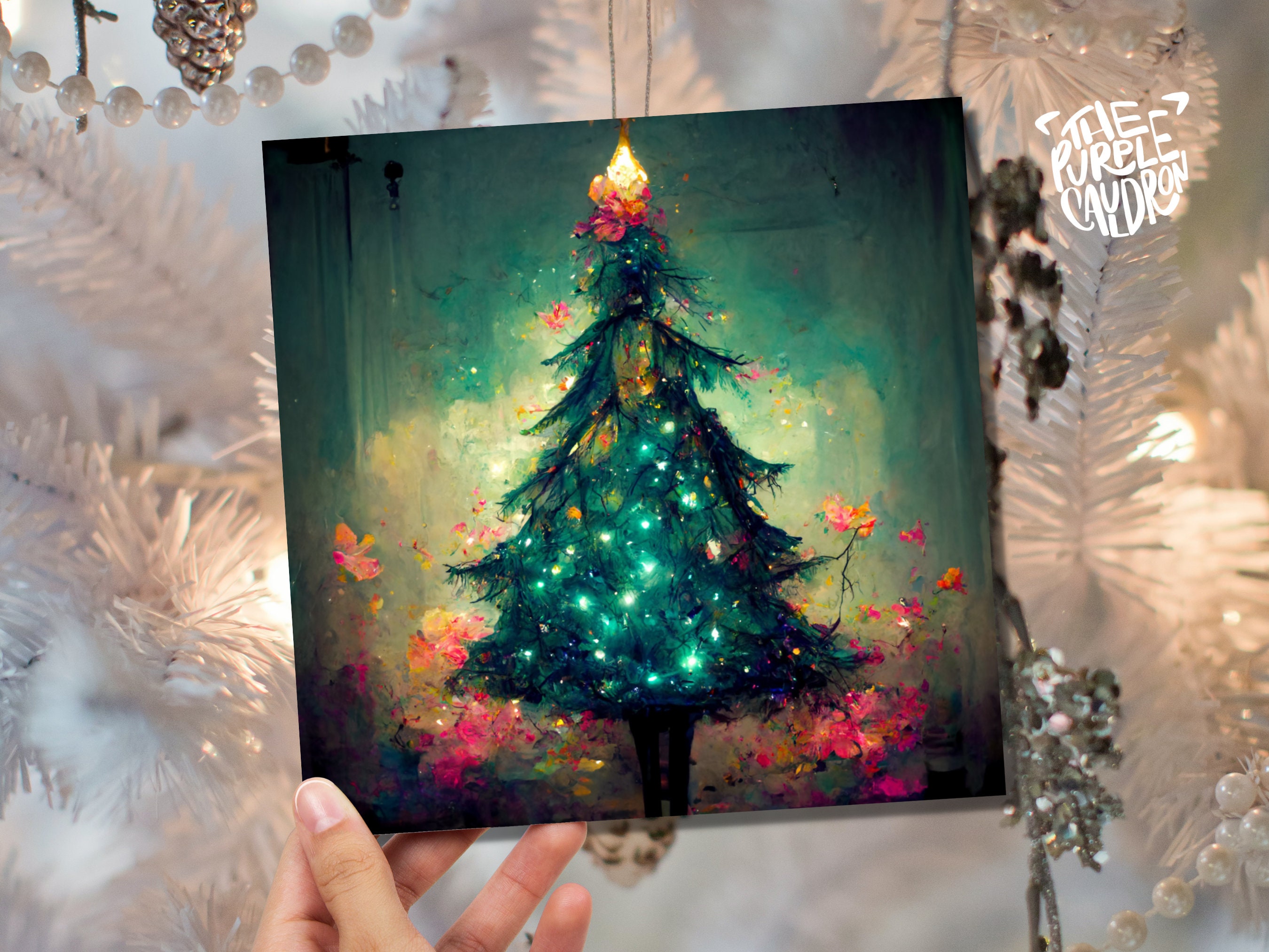 Pretty Christmas Card with Magical Tree and Fairy Lights Painting Unique Whimsical Teal Green Pink Greetings For Family Friends Xmas 2024 - View 7