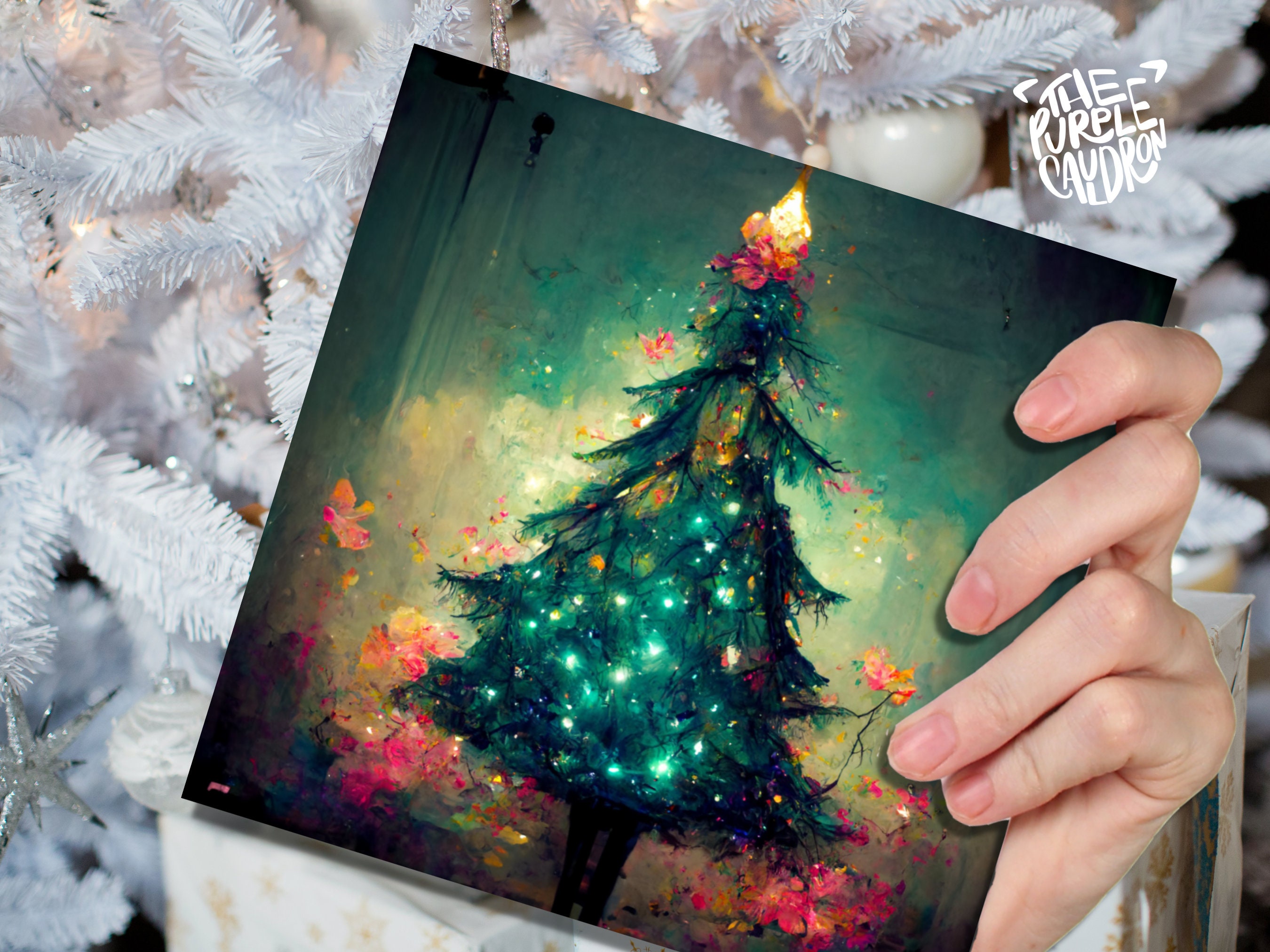 Pretty Christmas Card with Magical Tree and Fairy Lights Painting Unique Whimsical Teal Green Pink Greetings For Family Friends Xmas 2024 - View 8