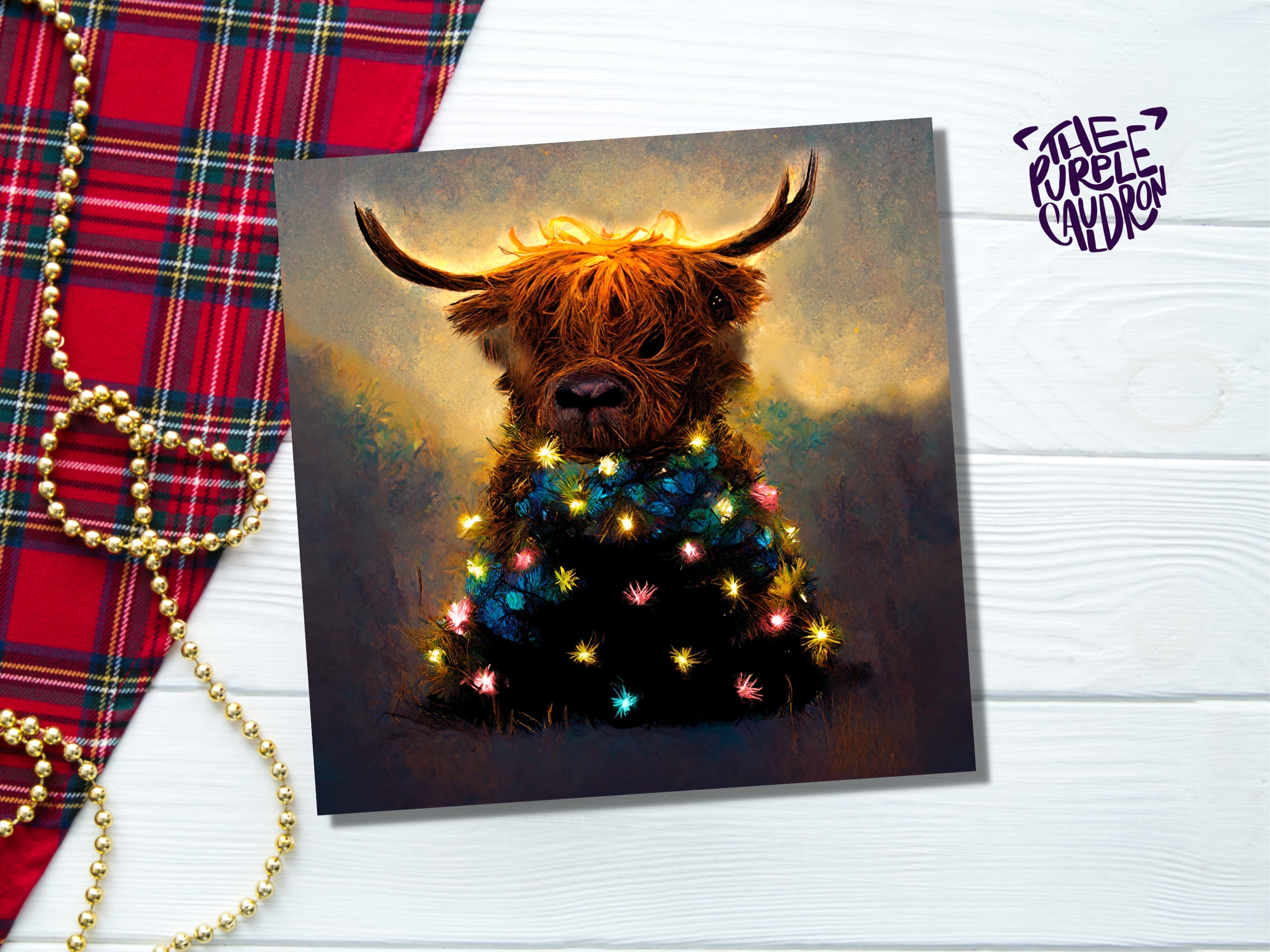 Highland Cow Christmas Card with Fairy Lights Funny Decorated Tree Scotland Painting Unique Whimsical Greetings For Family Friends Xmas 2024