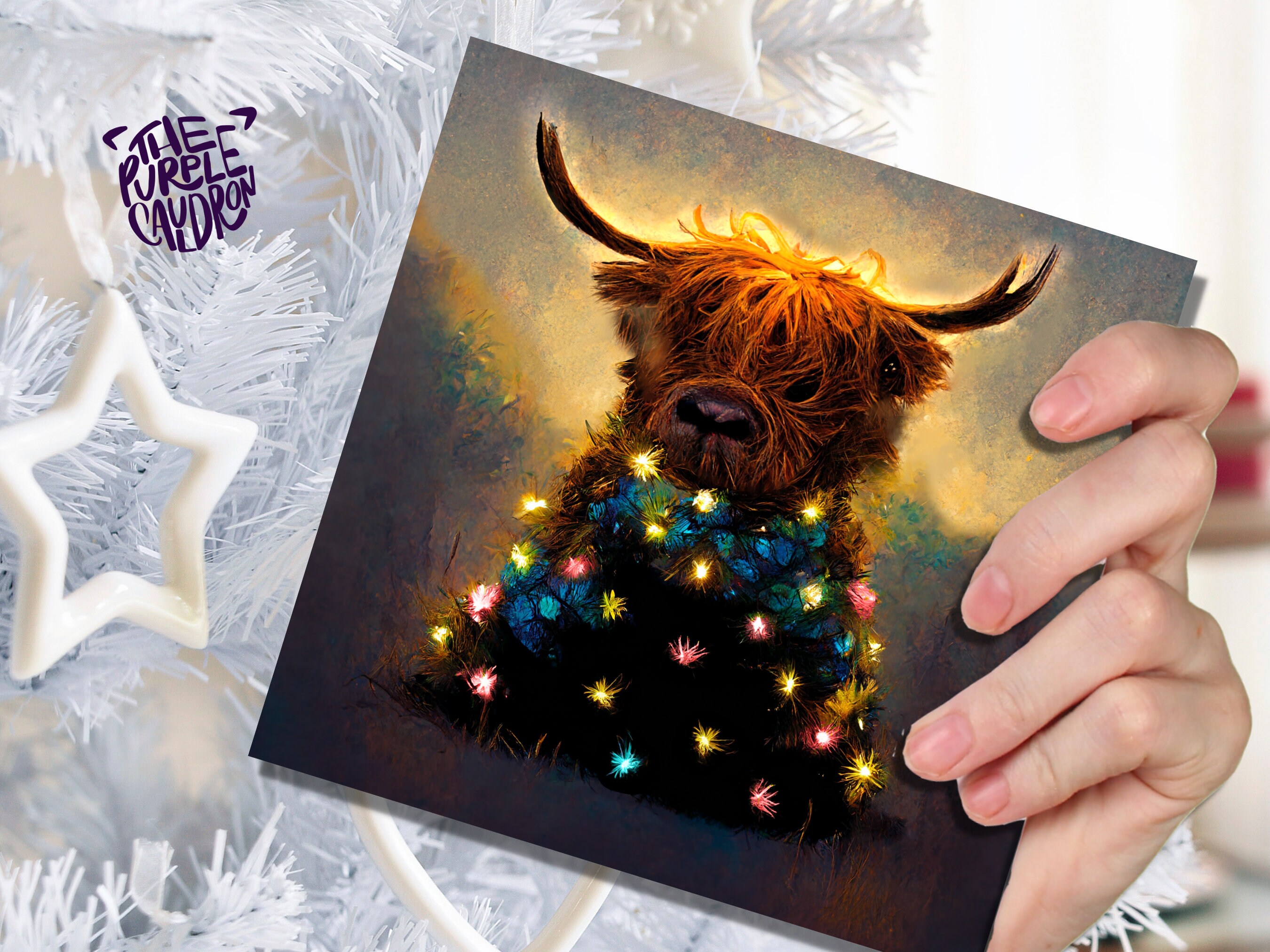 Highland Cow Christmas Card with Fairy Lights Funny Decorated Tree Scotland Painting Unique Whimsical Greetings For Family Friends Xmas 2024 - View 2