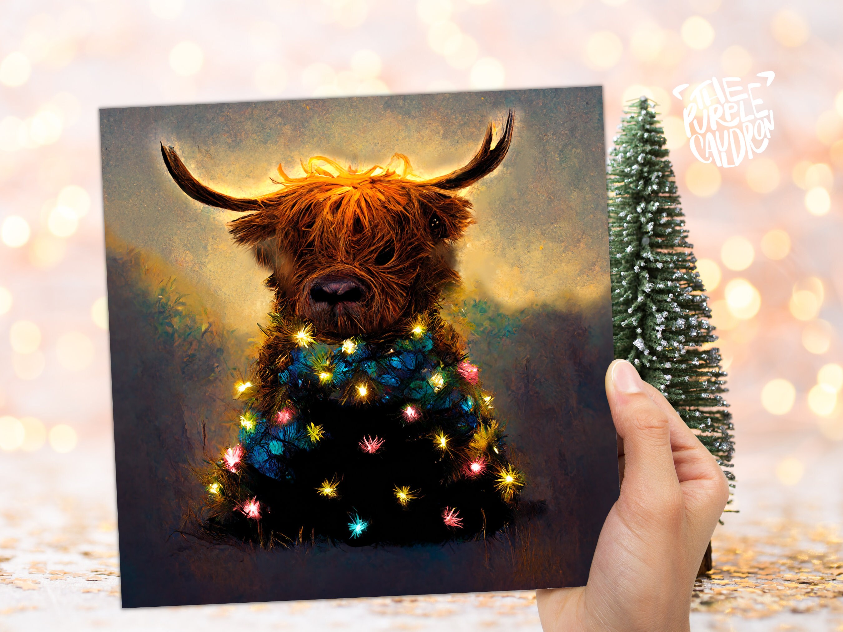 Highland Cow Christmas Card with Fairy Lights Funny Decorated Tree Scotland Painting Unique Whimsical Greetings For Family Friends Xmas 2024 - View 3