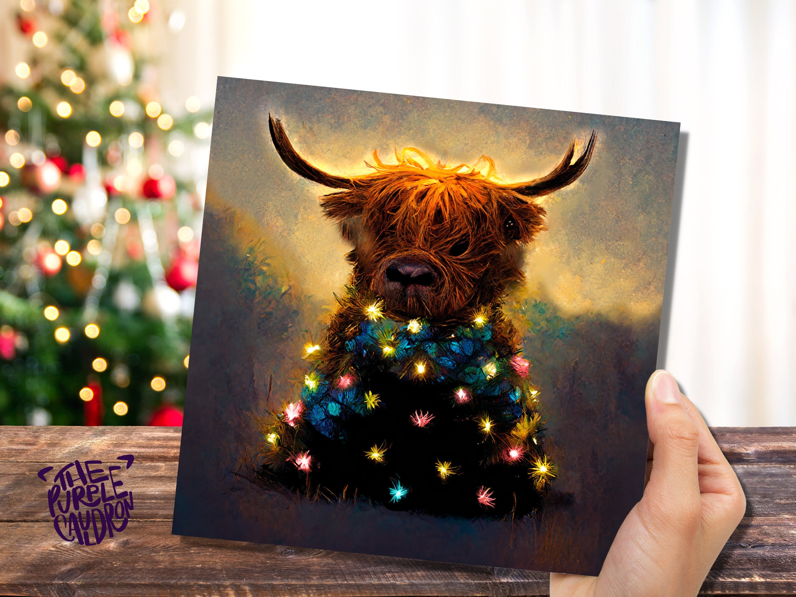 Highland Cow Christmas Card with Fairy Lights Funny Decorated Tree Scotland Painting Unique Whimsical Greetings For Family Friends Xmas 2024 - View 4