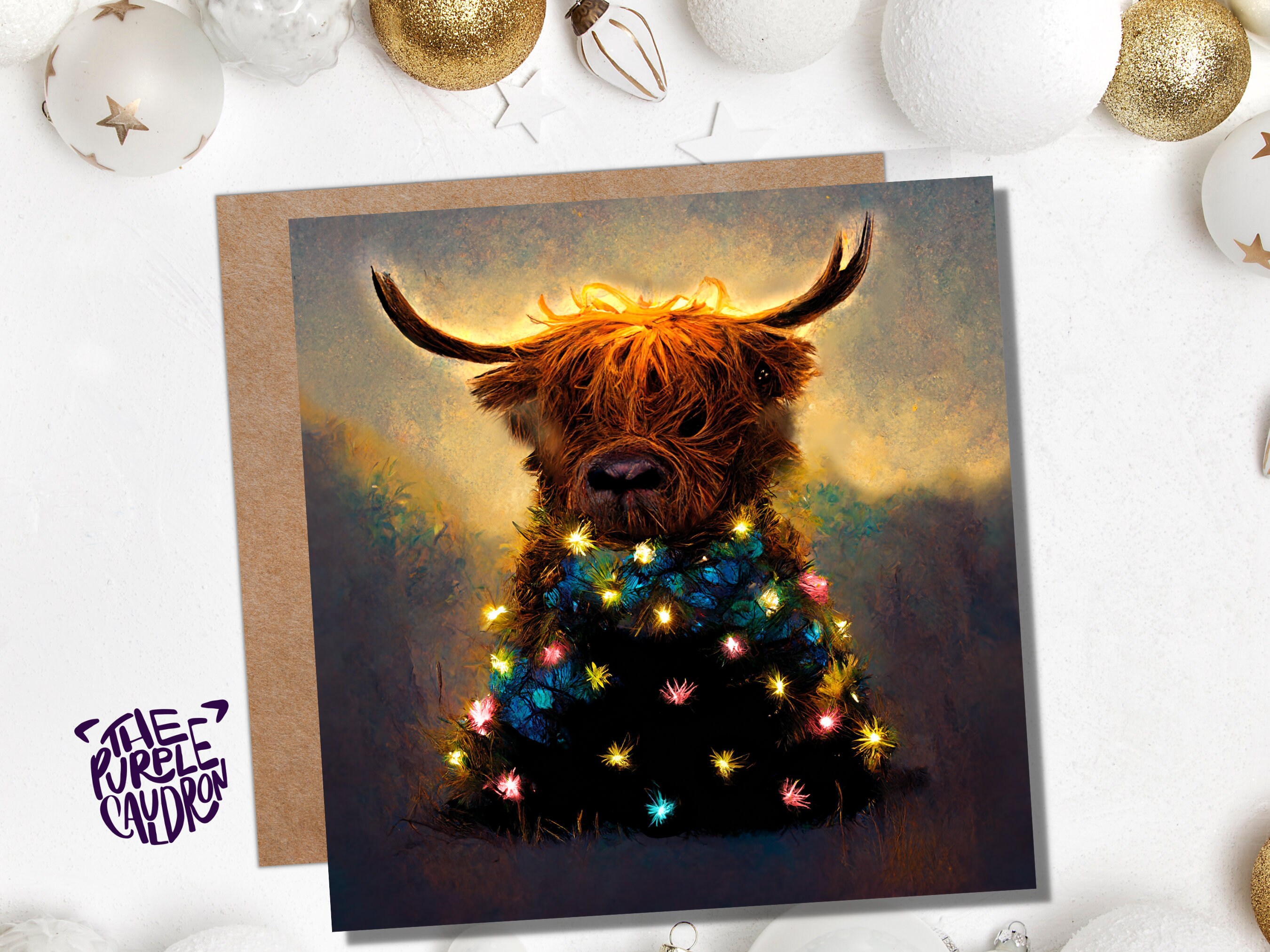 Highland Cow Christmas Card with Fairy Lights Funny Decorated Tree Scotland Painting Unique Whimsical Greetings For Family Friends Xmas 2024 - View 5