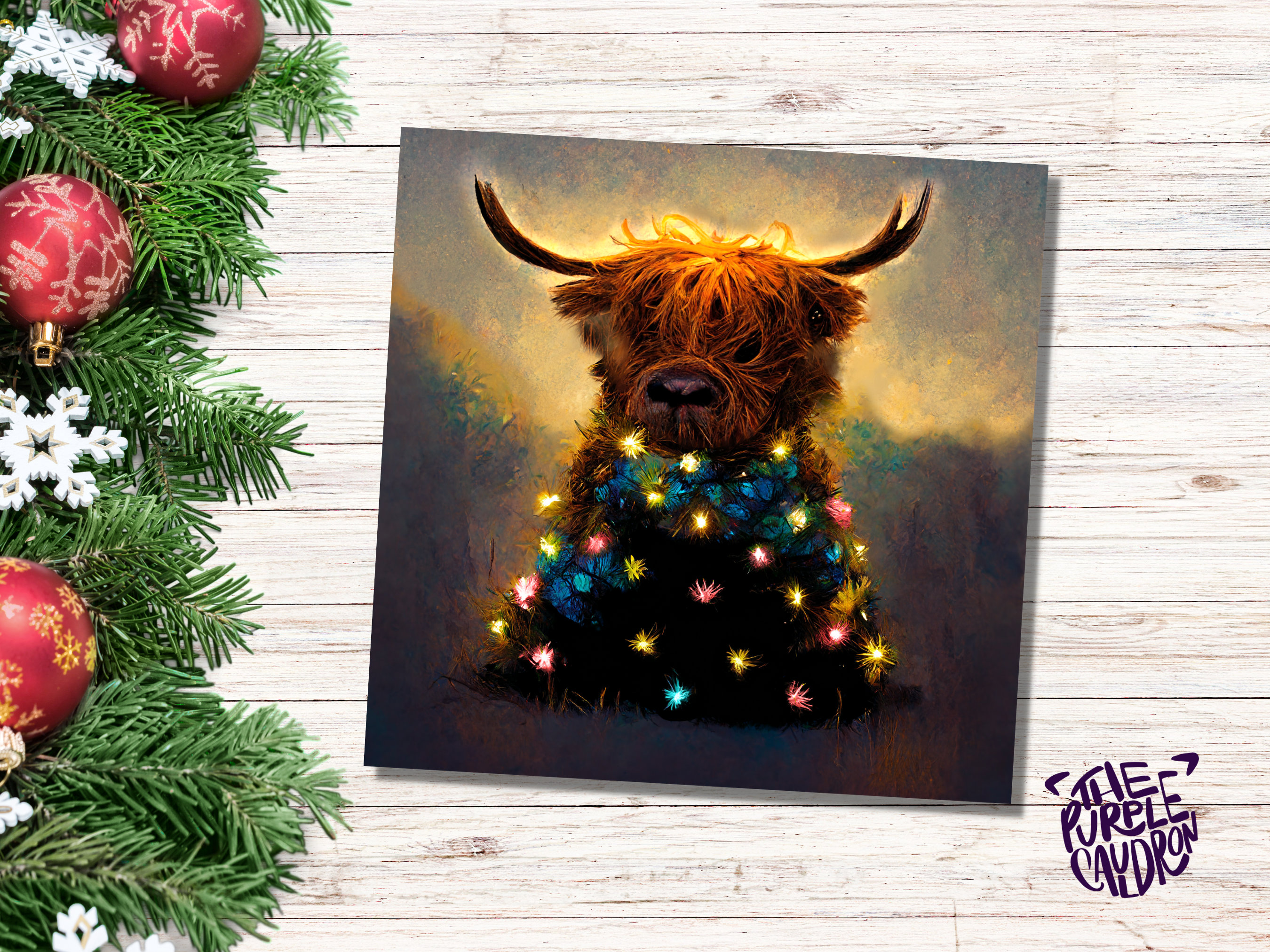 Highland Cow Christmas Card with Fairy Lights Funny Decorated Tree Scotland Painting Unique Whimsical Greetings For Family Friends Xmas 2024 - View 6