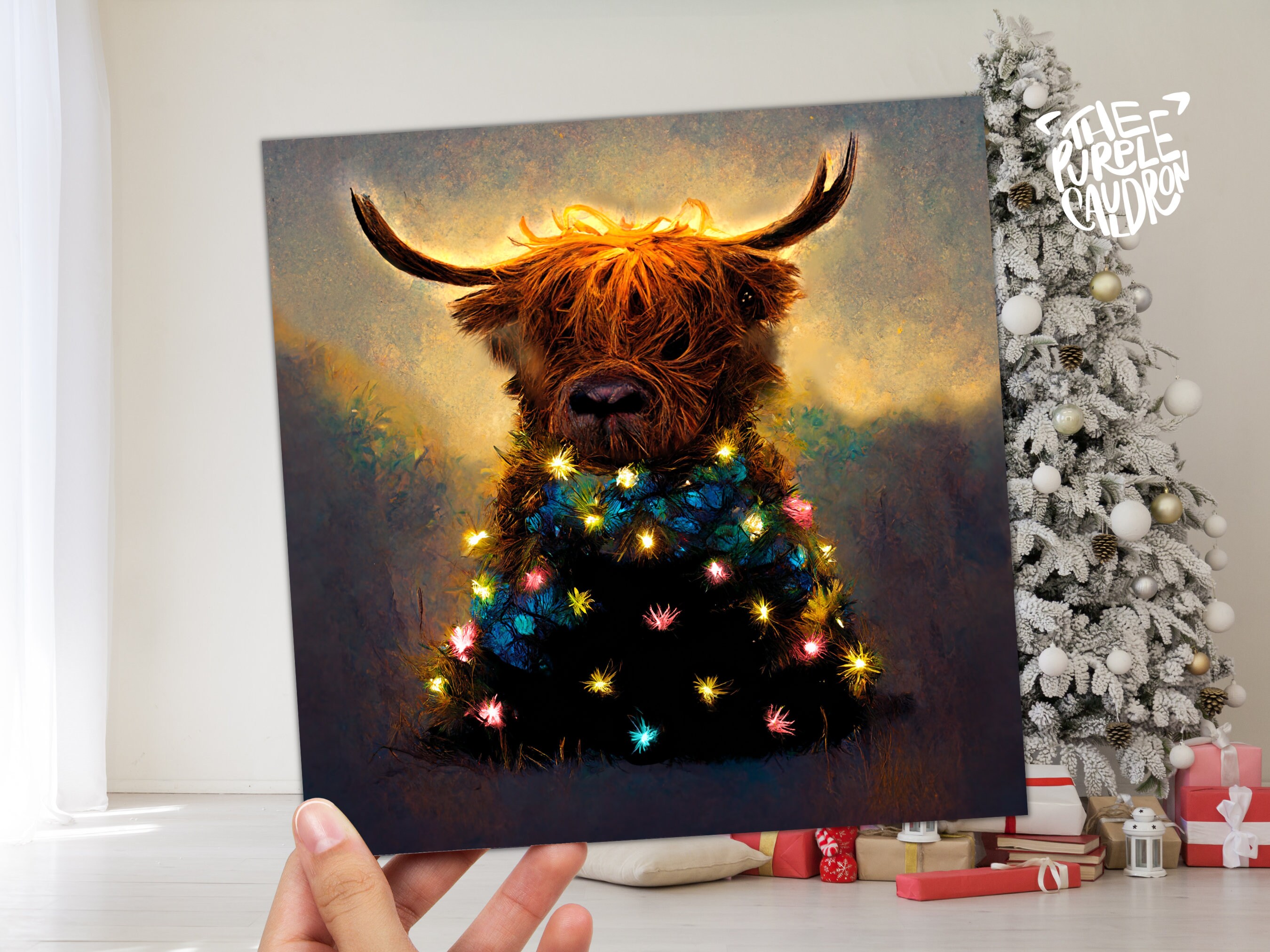 Highland Cow Christmas Card with Fairy Lights Funny Decorated Tree Scotland Painting Unique Whimsical Greetings For Family Friends Xmas 2024 - View 7