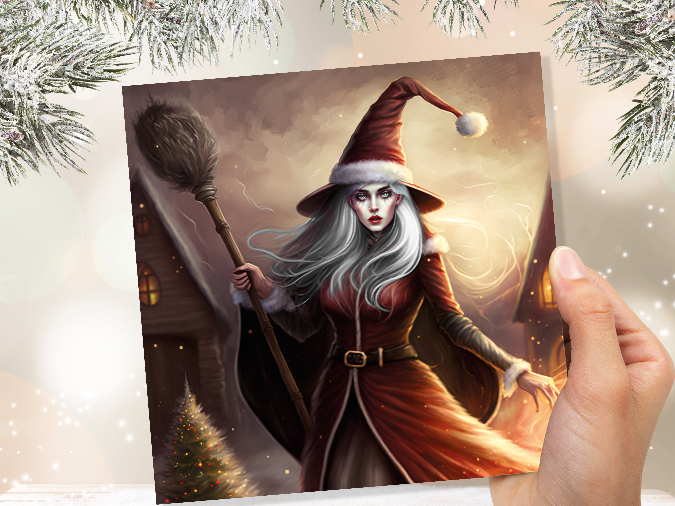 Female Santa Witch Christmas Card La Befana Witchy Fantasy Gothic Goth Pagan Pointy Hat Fairytale Feminine Feminism Family Friends Xmas 2024