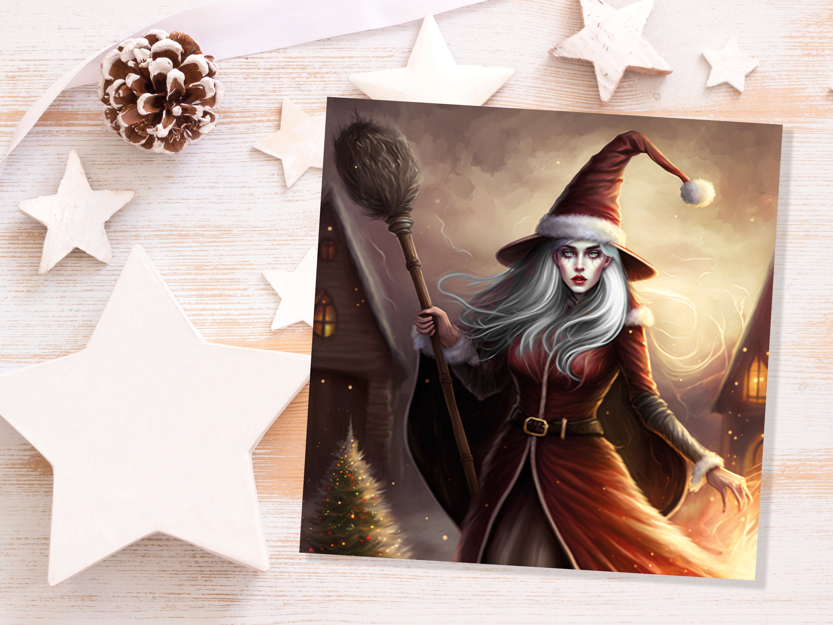 Female Santa Witch Christmas Card La Befana Witchy Fantasy Gothic Goth Pagan Pointy Hat Fairytale Feminine Feminism Family Friends Xmas 2024 - View 3