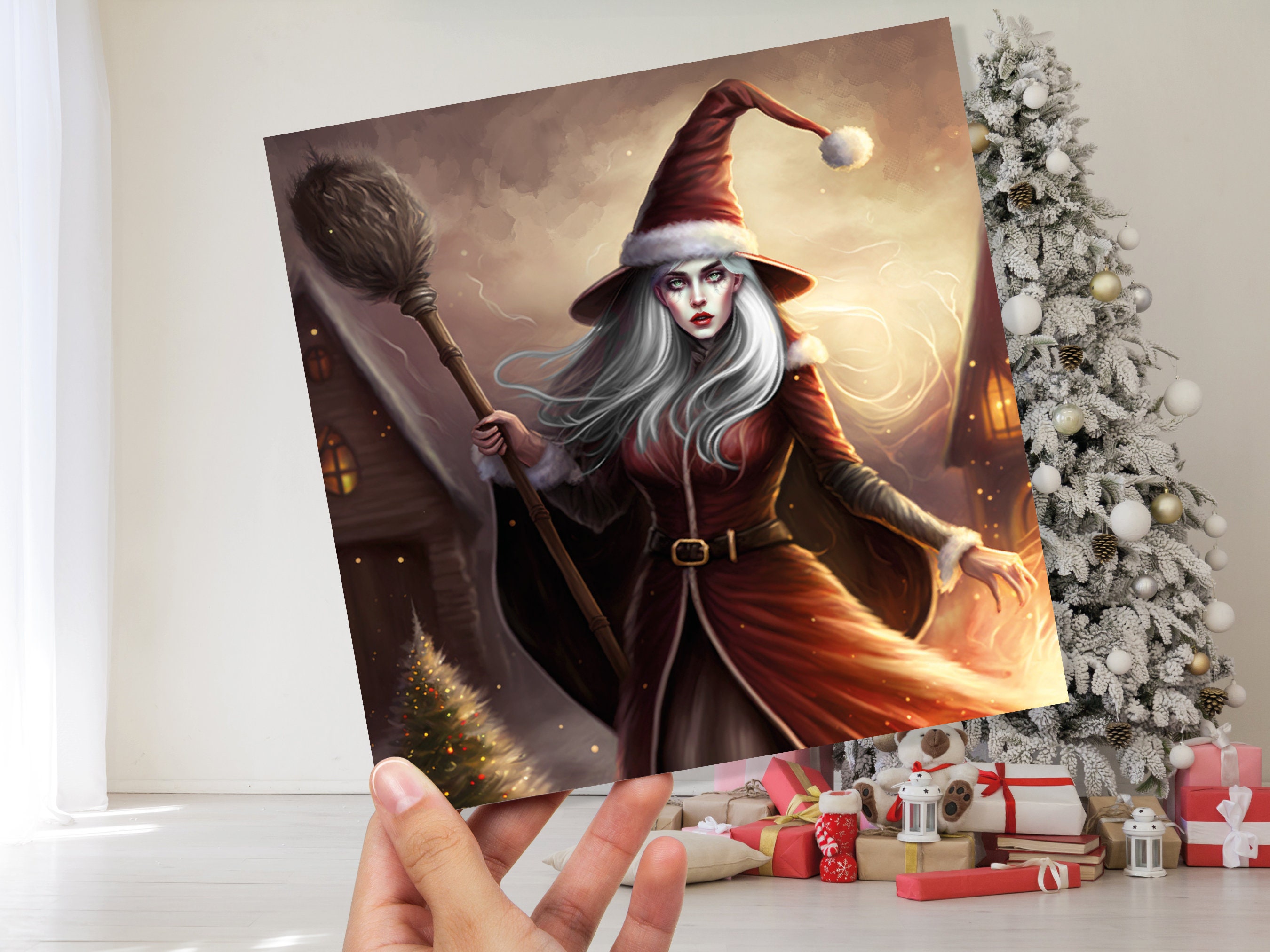 Female Santa Witch Christmas Card La Befana Witchy Fantasy Gothic Goth Pagan Pointy Hat Fairytale Feminine Feminism Family Friends Xmas 2024 - View 5