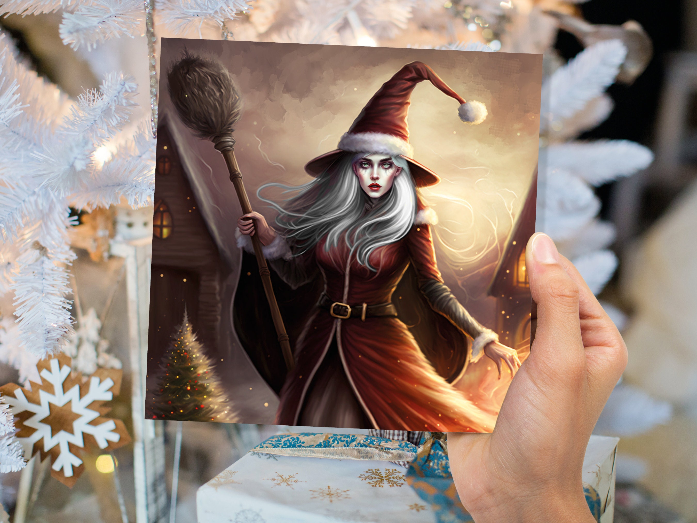 Female Santa Witch Christmas Card La Befana Witchy Fantasy Gothic Goth Pagan Pointy Hat Fairytale Feminine Feminism Family Friends Xmas 2024 - View 9