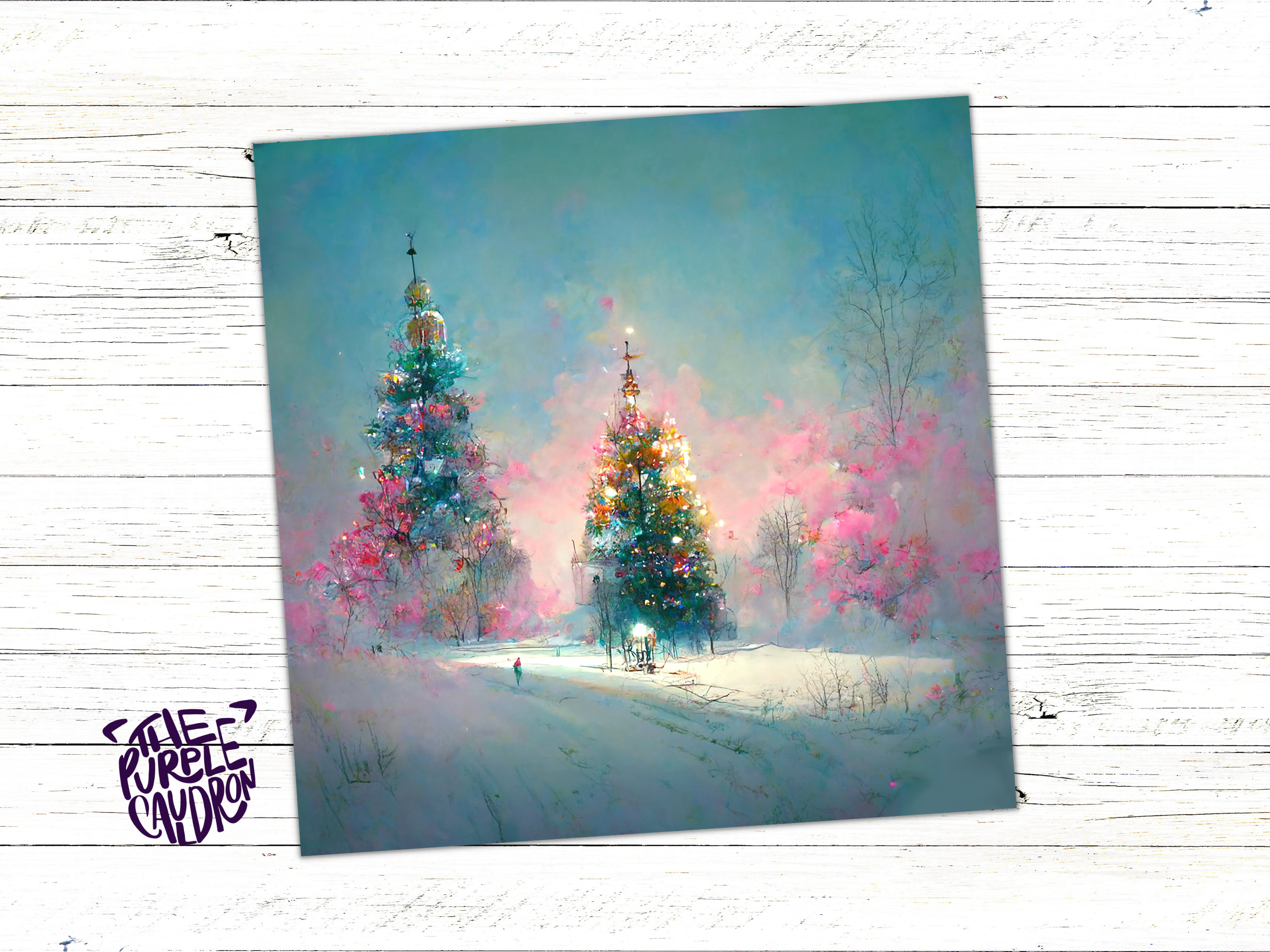 Pastel Christmas Card Pretty Snow Scene in Shades of Pink and Blue with Christmas Trees Impressionist Greetings Family Friends Xmas 2024