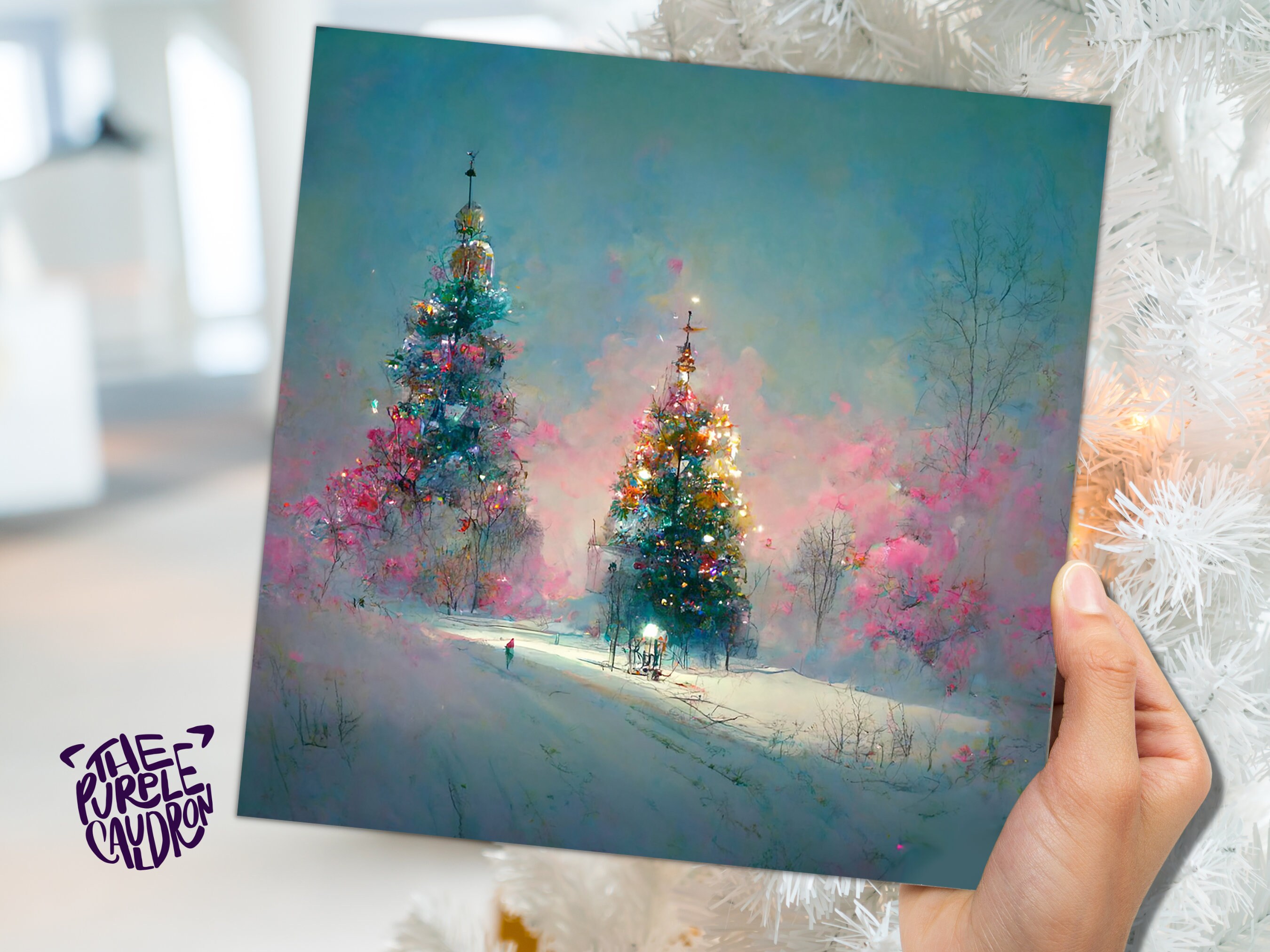 Pastel Christmas Card Pretty Snow Scene in Shades of Pink and Blue with Christmas Trees Impressionist Greetings Family Friends Xmas 2024 - View 2