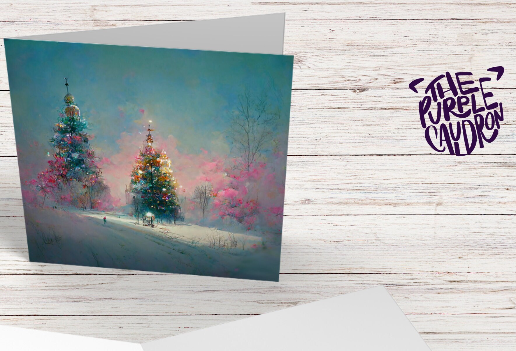 Pastel Christmas Card Pretty Snow Scene in Shades of Pink and Blue with Christmas Trees Impressionist Greetings Family Friends Xmas 2024 - View 3