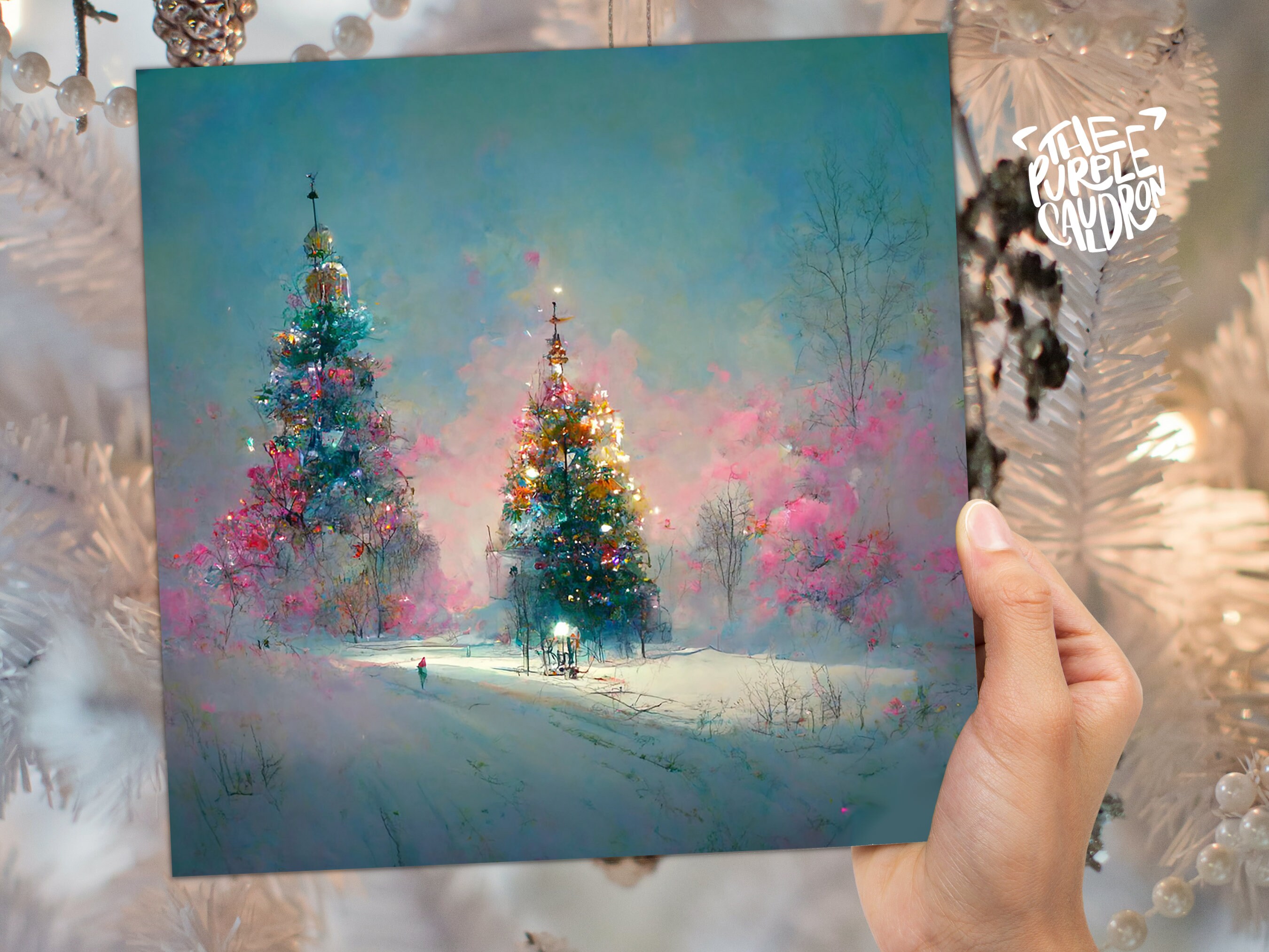 Pastel Christmas Card Pretty Snow Scene in Shades of Pink and Blue with Christmas Trees Impressionist Greetings Family Friends Xmas 2024 - View 4