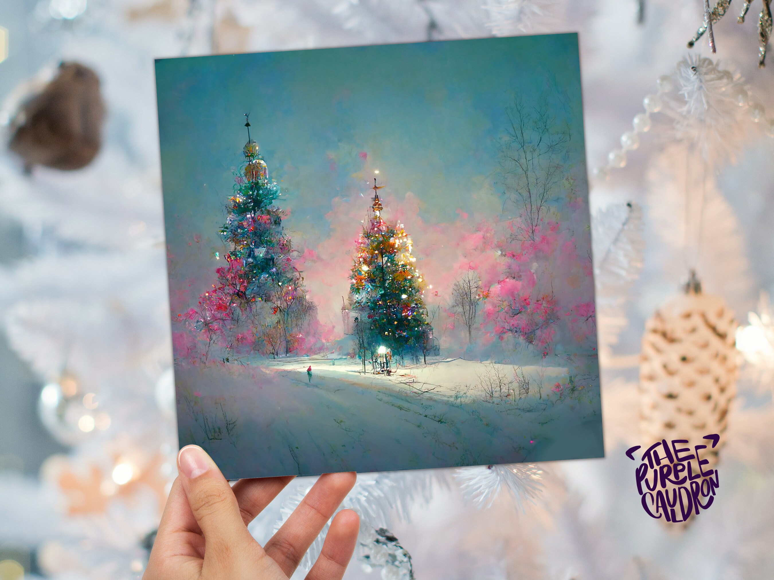 Pastel Christmas Card Pretty Snow Scene in Shades of Pink and Blue with Christmas Trees Impressionist Greetings Family Friends Xmas 2024 - View 5