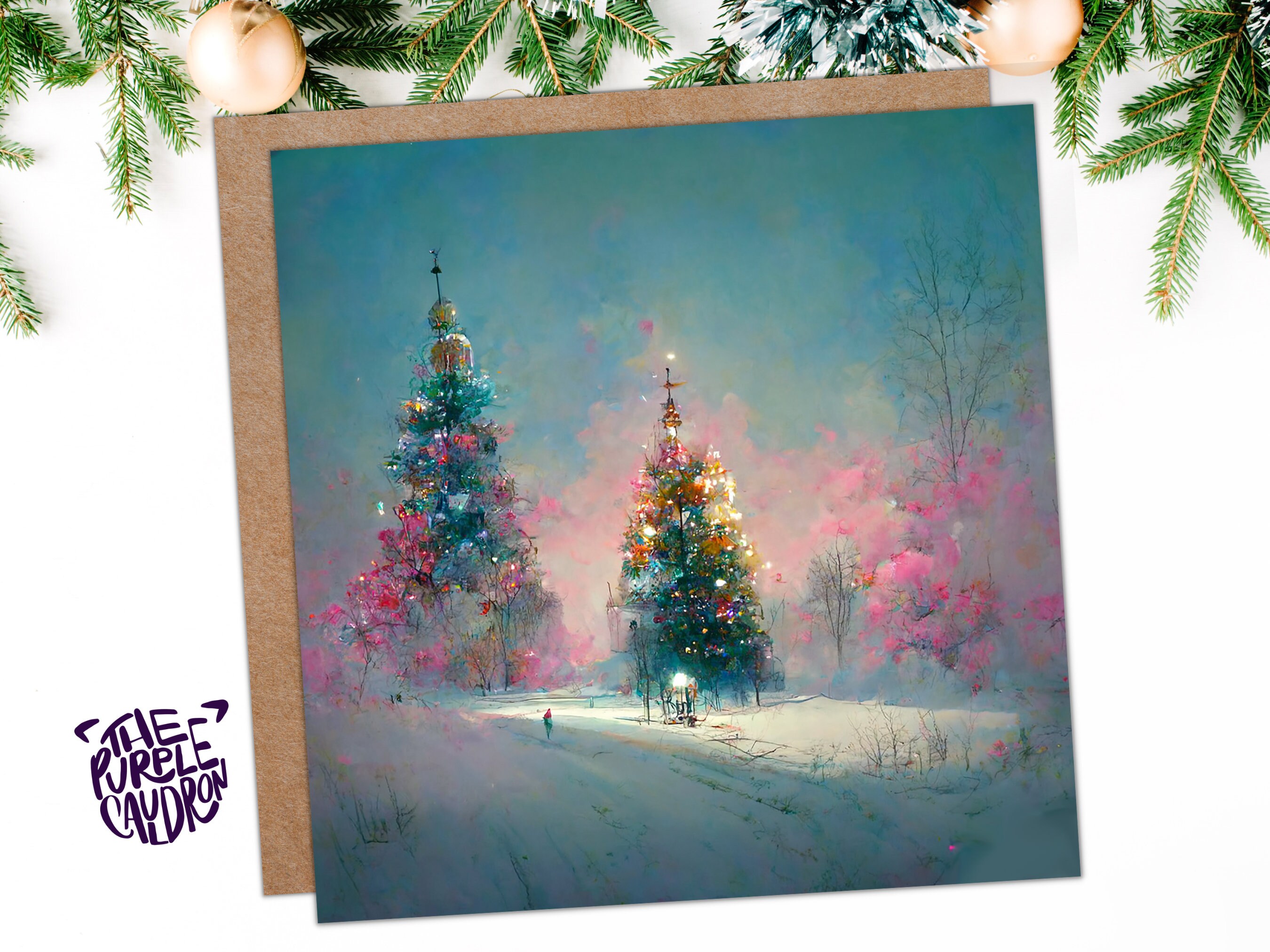 Pastel Christmas Card Pretty Snow Scene in Shades of Pink and Blue with Christmas Trees Impressionist Greetings Family Friends Xmas 2024 - View 6