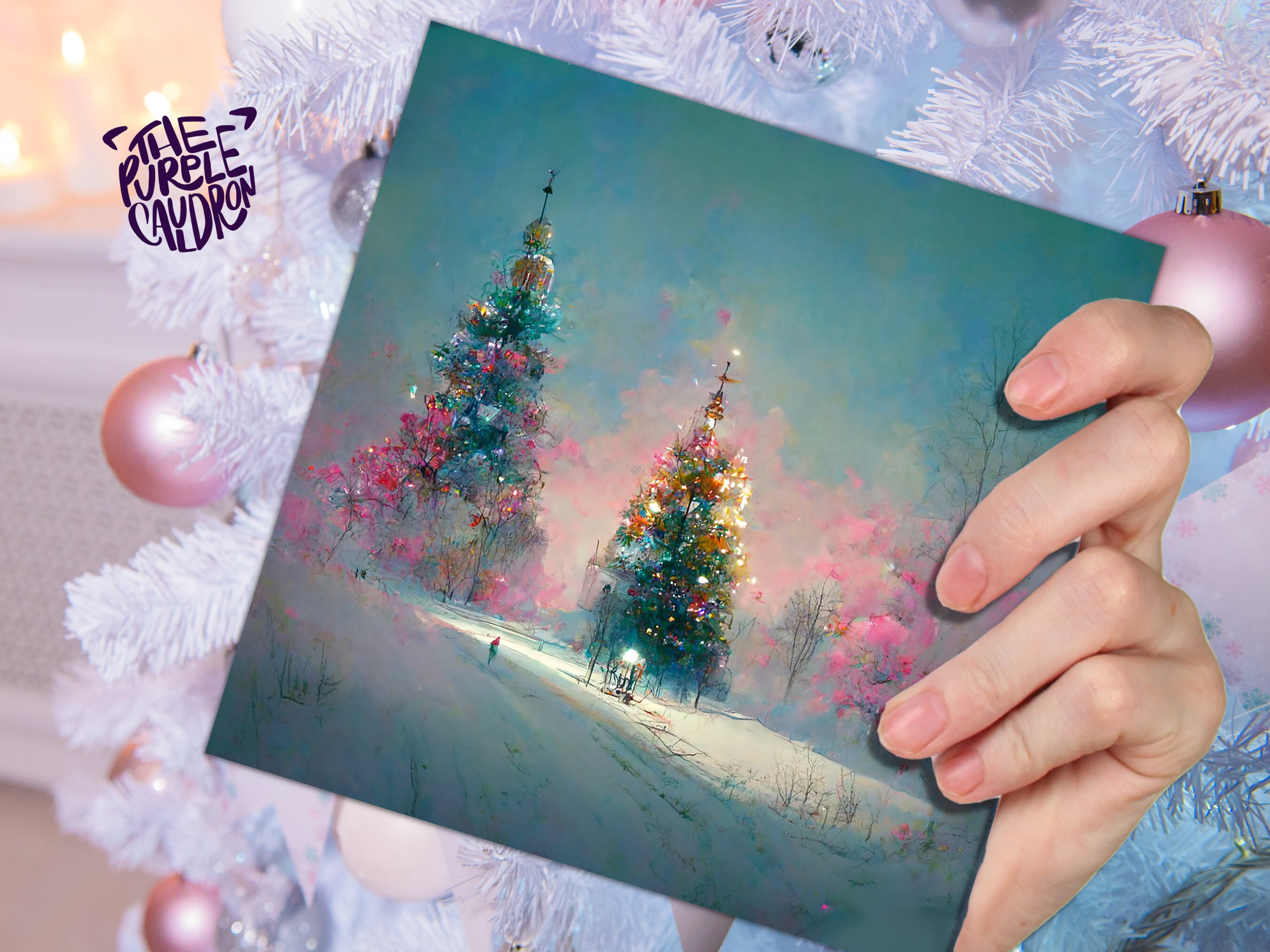 Pastel Christmas Card Pretty Snow Scene in Shades of Pink and Blue with Christmas Trees Impressionist Greetings Family Friends Xmas 2024 - View 7