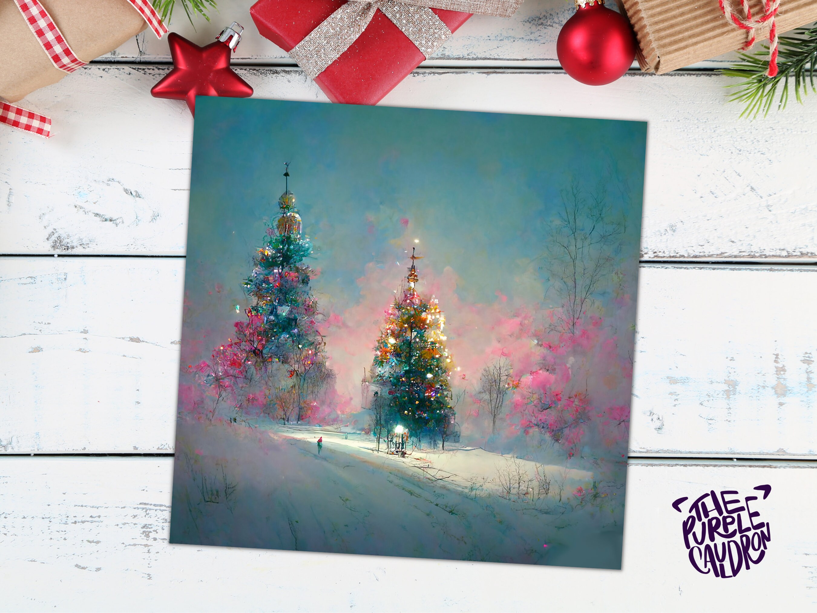 Pastel Christmas Card Pretty Snow Scene in Shades of Pink and Blue with Christmas Trees Impressionist Greetings Family Friends Xmas 2024 - View 8