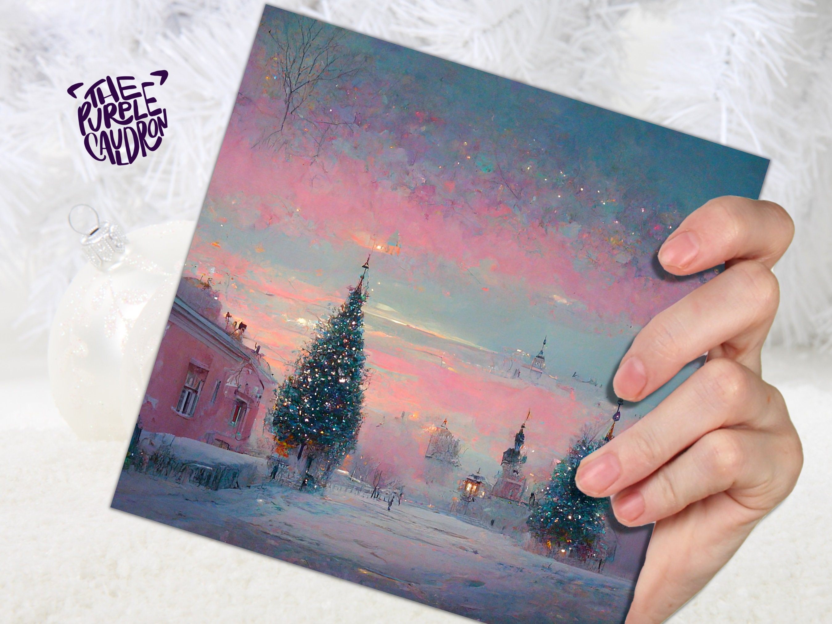 Pastel Christmas Card Soft Whimsical Impressionist Snow Scene in Shades of Pink & Blue 1, 5, or 10 Pack Greetings Family Friends Xmas 2024