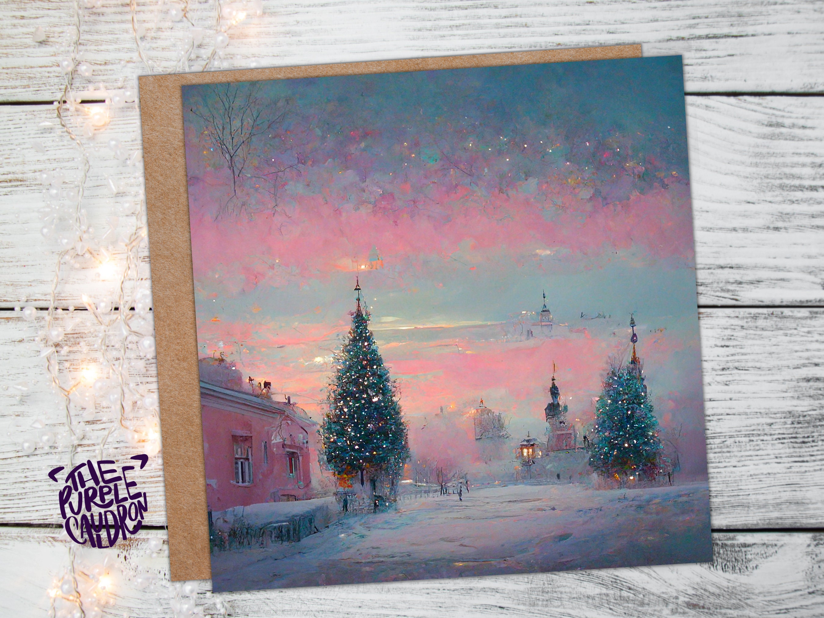 Pastel Christmas Card Soft Whimsical Impressionist Snow Scene in Shades of Pink & Blue 1, 5, or 10 Pack Greetings Family Friends Xmas 2024 - View 2