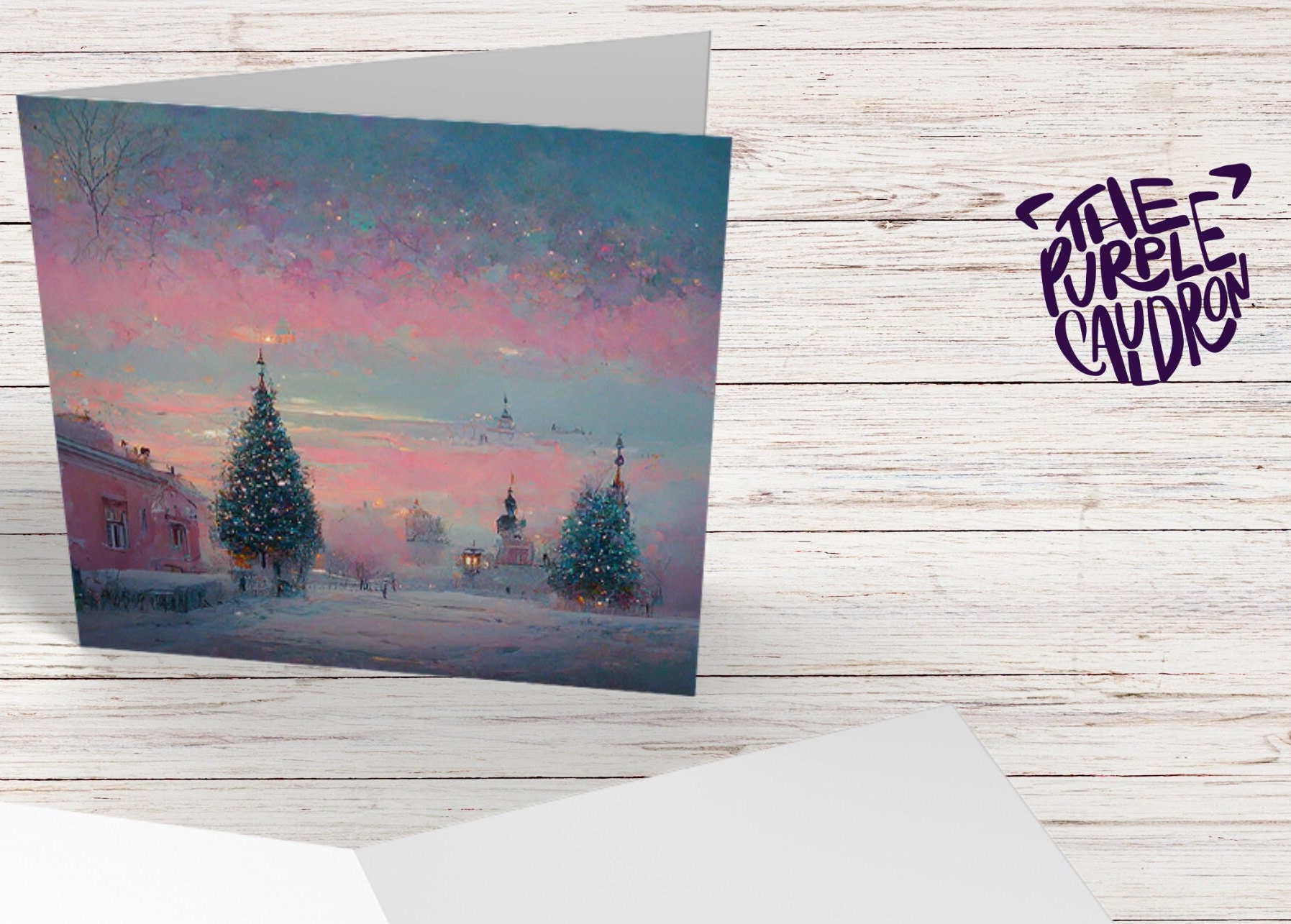 Pastel Christmas Card Soft Whimsical Impressionist Snow Scene in Shades of Pink & Blue 1, 5, or 10 Pack Greetings Family Friends Xmas 2024 - View 3