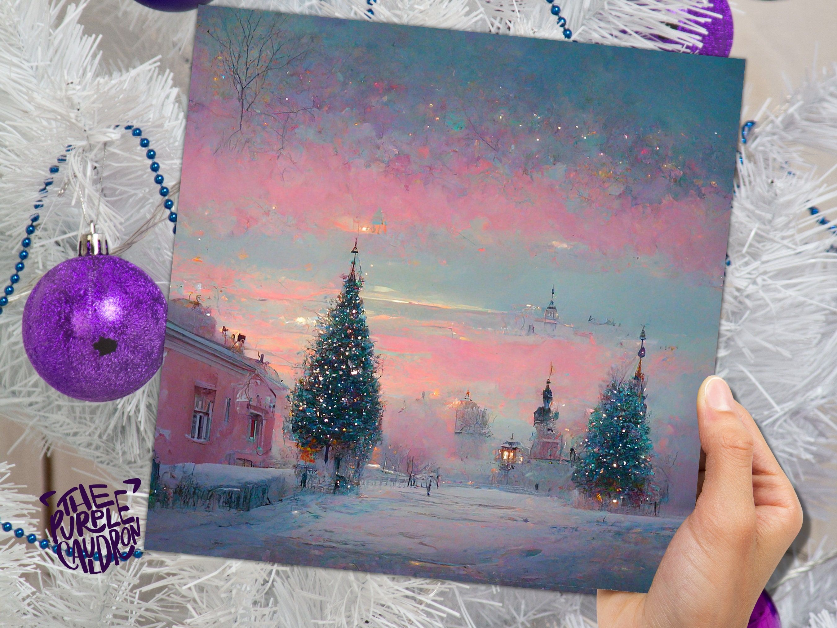 Pastel Christmas Card Soft Whimsical Impressionist Snow Scene in Shades of Pink & Blue 1, 5, or 10 Pack Greetings Family Friends Xmas 2024 - View 4