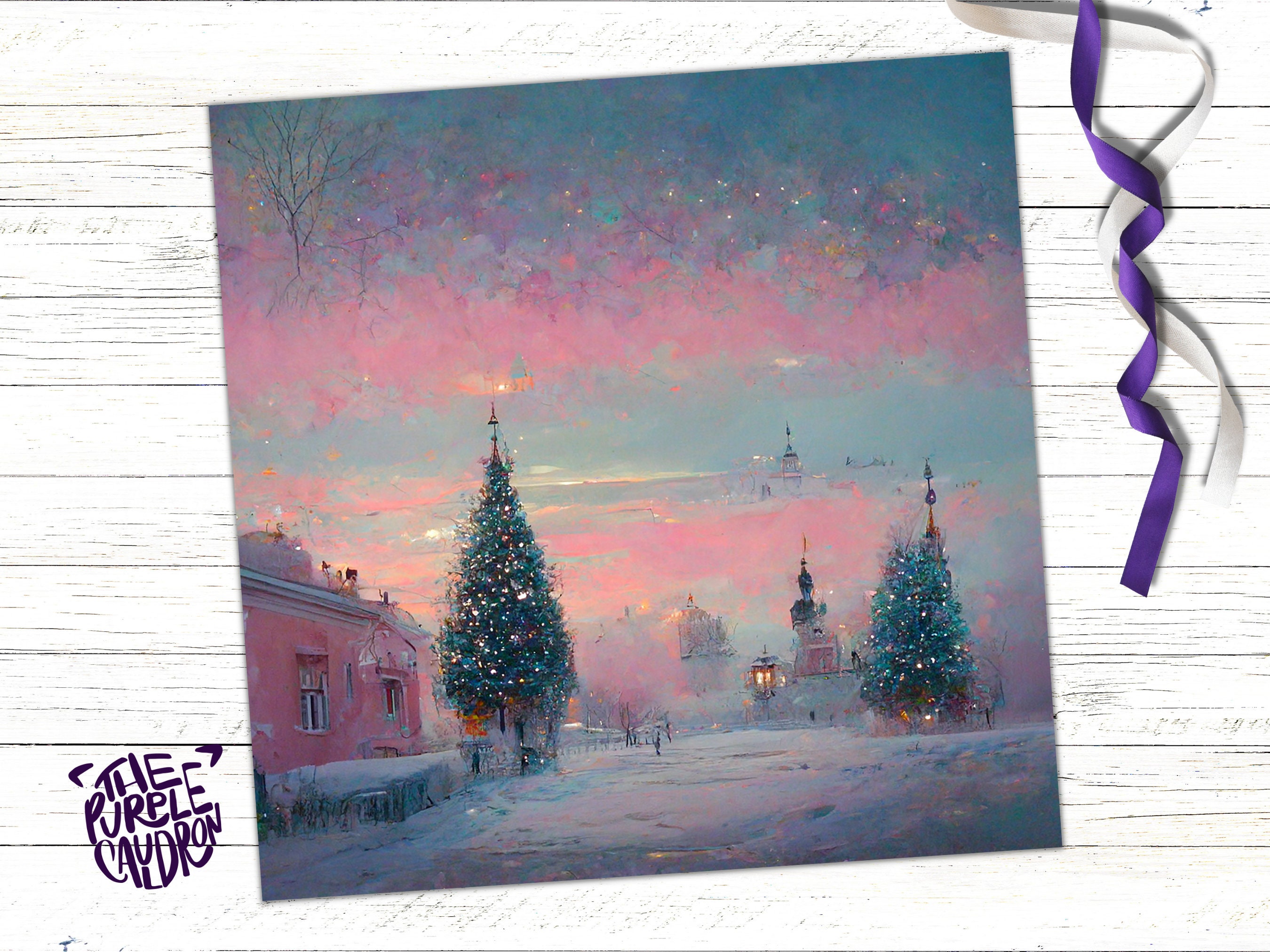 Pastel Christmas Card Soft Whimsical Impressionist Snow Scene in Shades of Pink & Blue 1, 5, or 10 Pack Greetings Family Friends Xmas 2024 - View 5