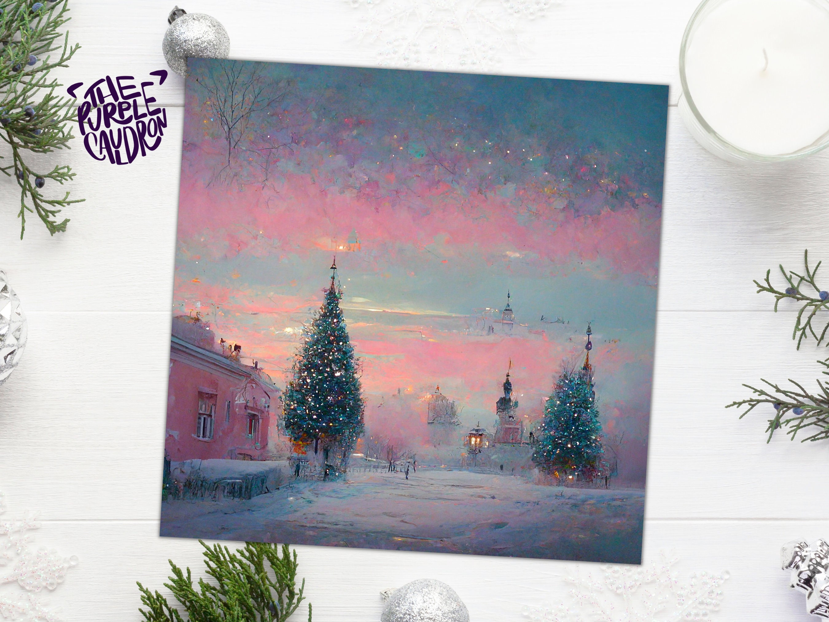 Pastel Christmas Card Soft Whimsical Impressionist Snow Scene in Shades of Pink & Blue 1, 5, or 10 Pack Greetings Family Friends Xmas 2024 - View 6