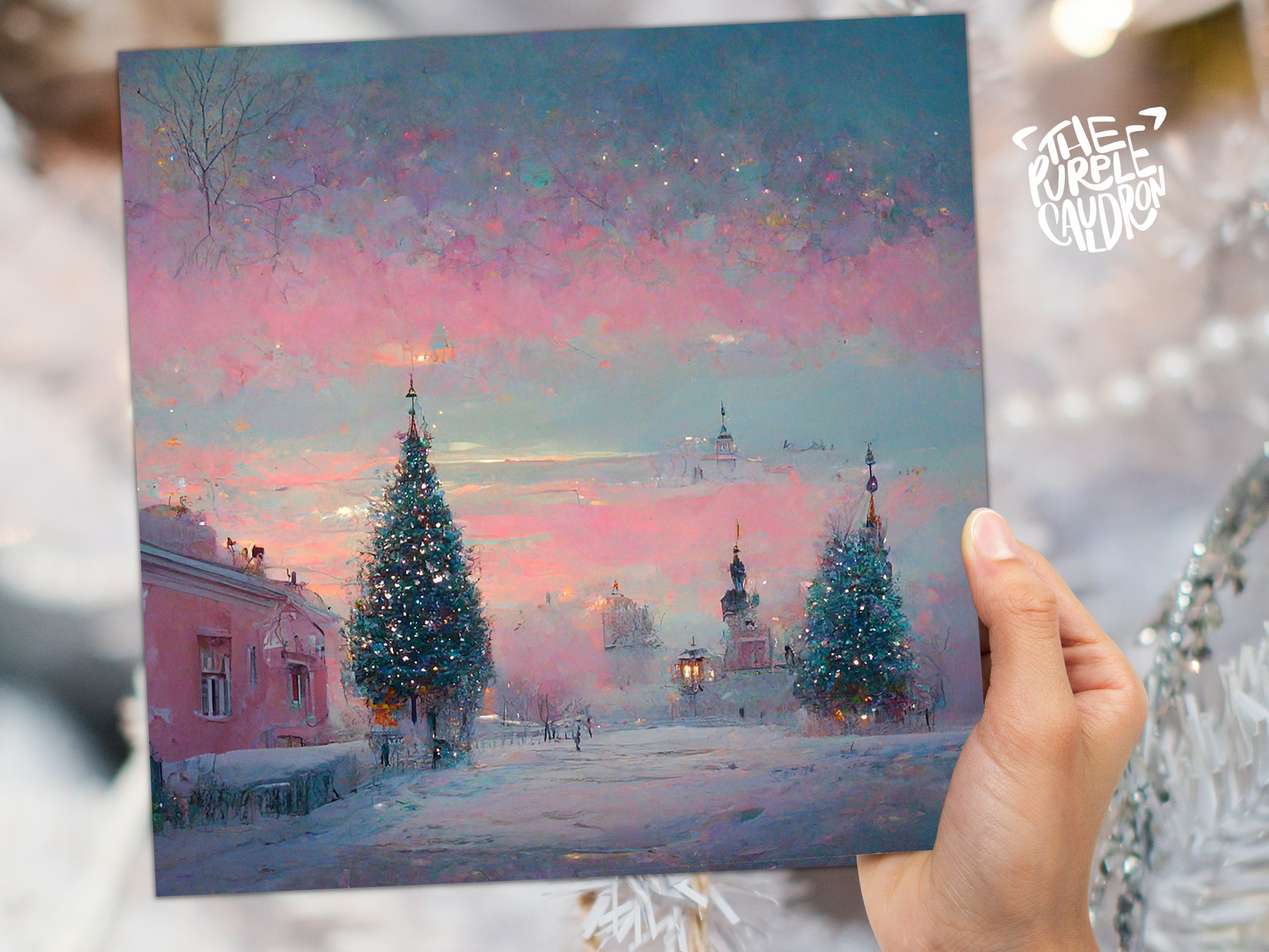 Pastel Christmas Card Soft Whimsical Impressionist Snow Scene in Shades of Pink & Blue 1, 5, or 10 Pack Greetings Family Friends Xmas 2024 - View 7