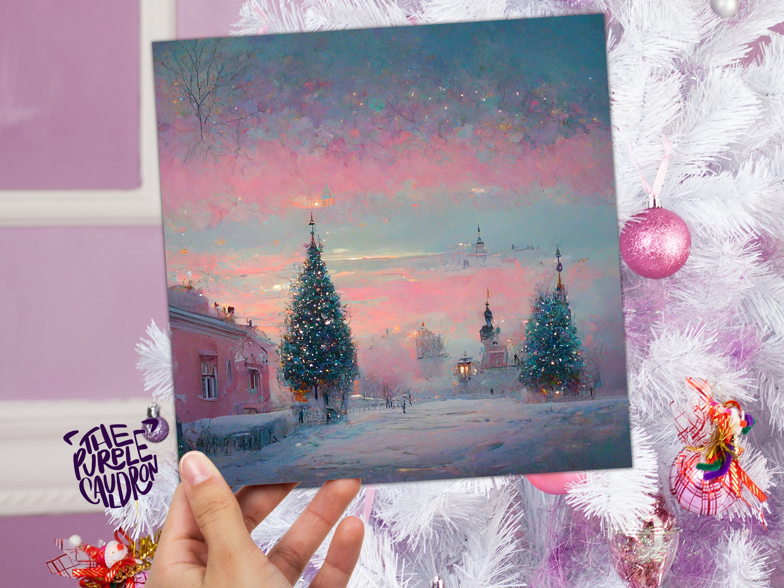 Pastel Christmas Card Soft Whimsical Impressionist Snow Scene in Shades of Pink & Blue 1, 5, or 10 Pack Greetings Family Friends Xmas 2024 - View 8