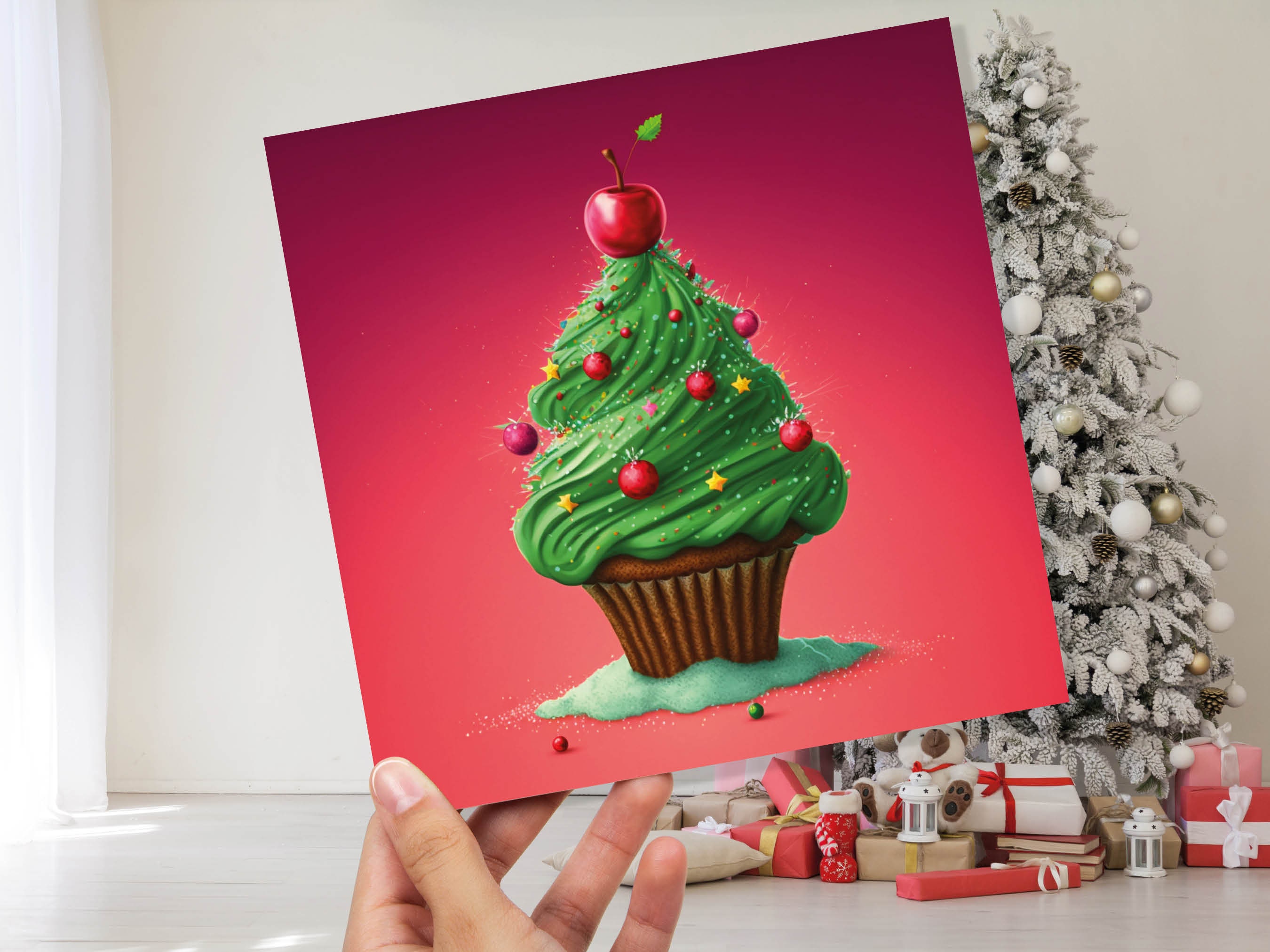 Cake Christmas Tree Card Fairy Cupcake with Green Frosting Icing Red Sprinkles Xmas Greetings Card For Bakers Baking Family Friends 2024 - View 10