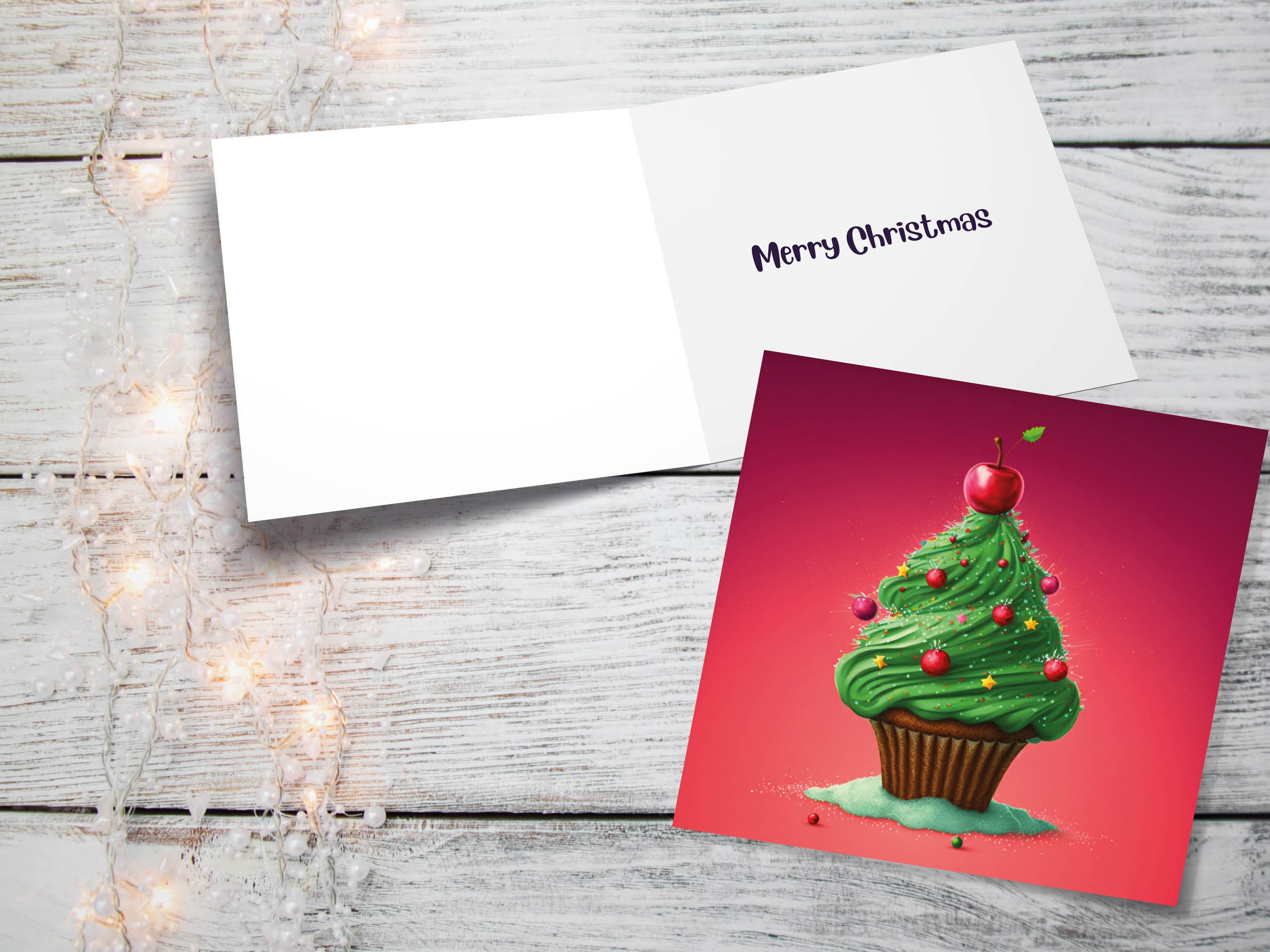 Cake Christmas Tree Card Fairy Cupcake with Green Frosting Icing Red Sprinkles Xmas Greetings Card For Bakers Baking Family Friends 2024 - View 2