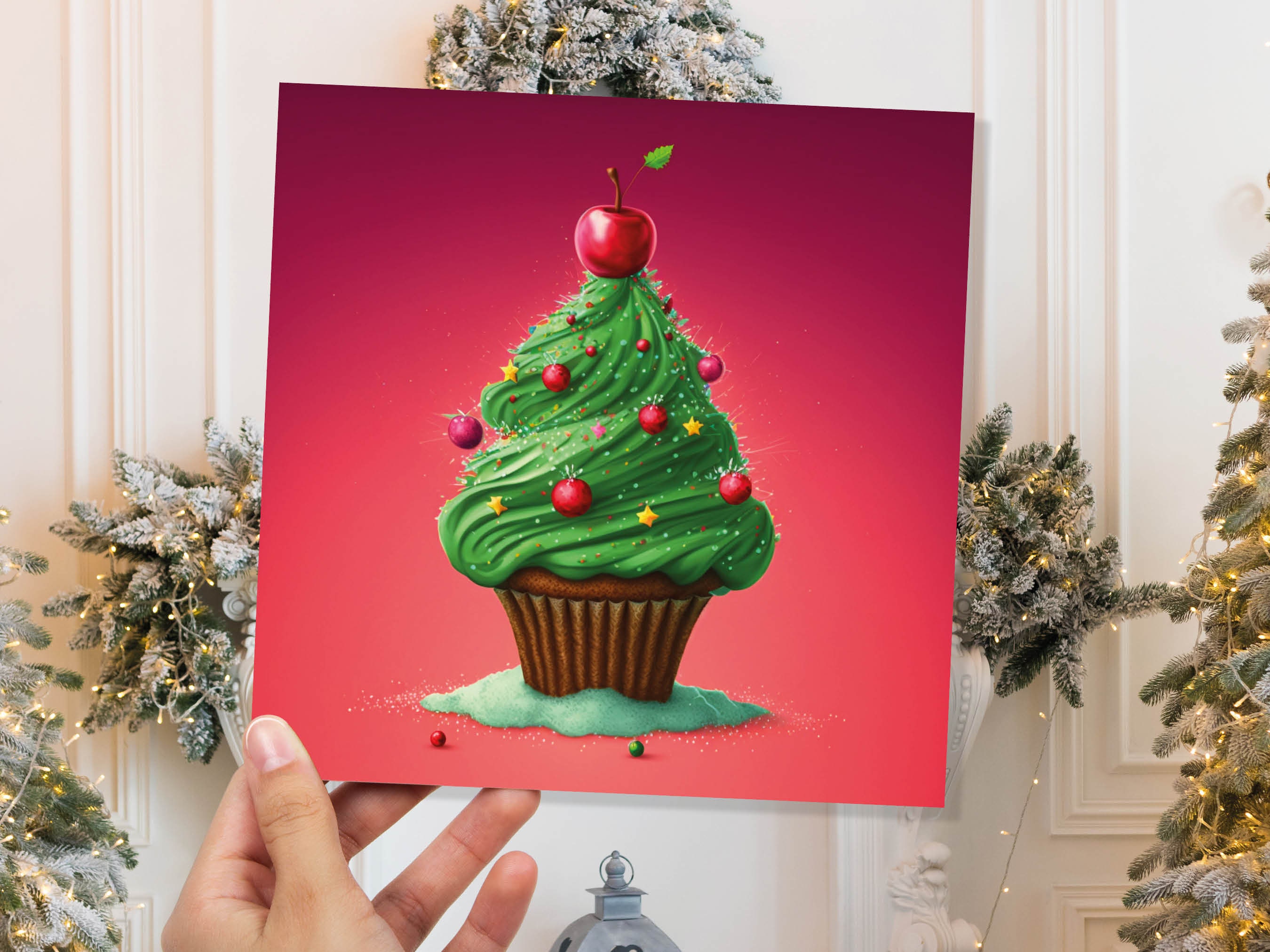 Cake Christmas Tree Card Fairy Cupcake with Green Frosting Icing Red Sprinkles Xmas Greetings Card For Bakers Baking Family Friends 2024 - View 3